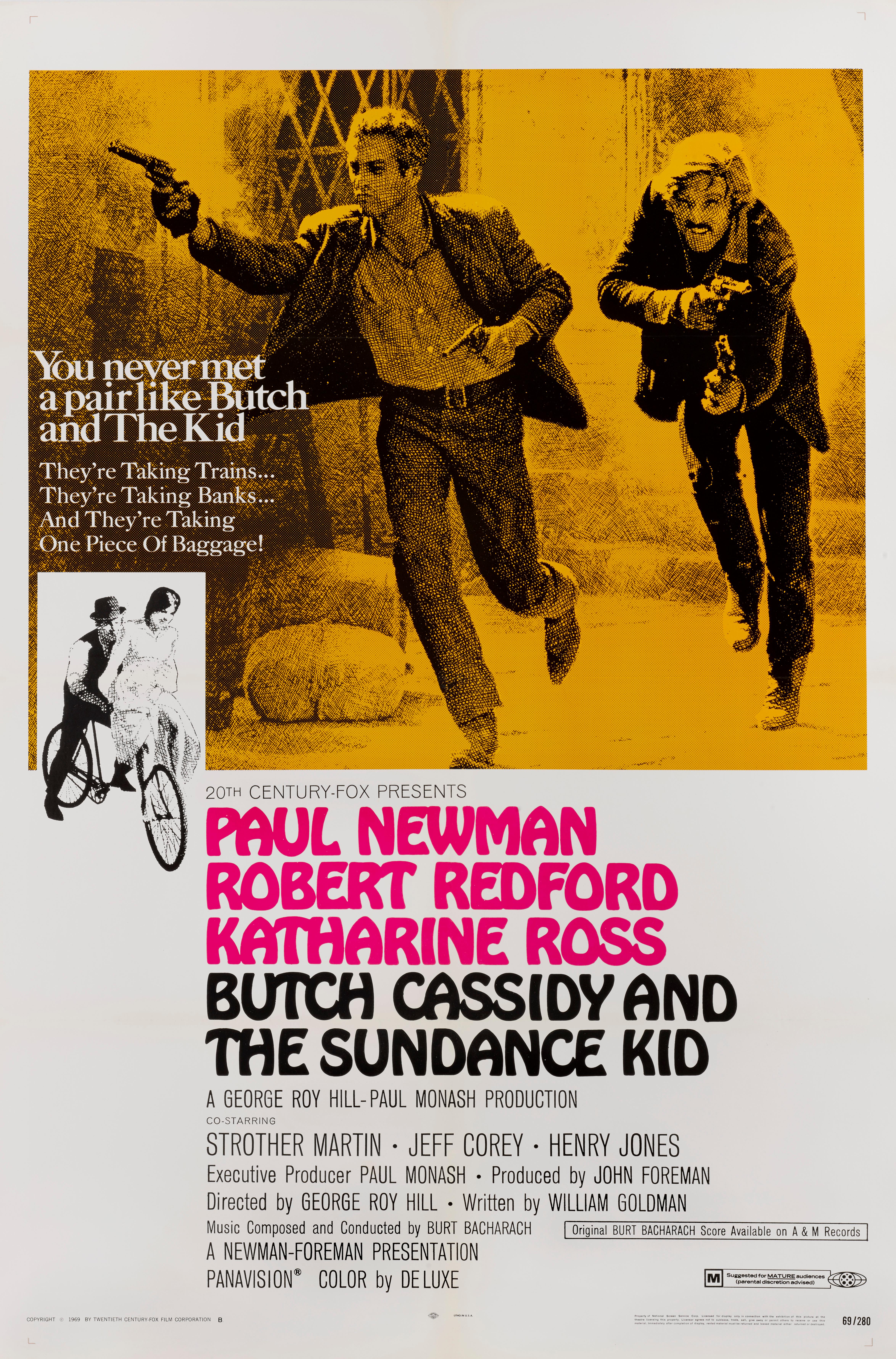 Originales amerikanisches Filmplakat für den Westernklassiker von 1969 mit Paul Newman, Robert Redford und Katherine Ross in den Hauptrollen. Diese Größe des Plakats wurde zur Zeit der Veröffentlichung des Films in den USA außerhalb des Kinos