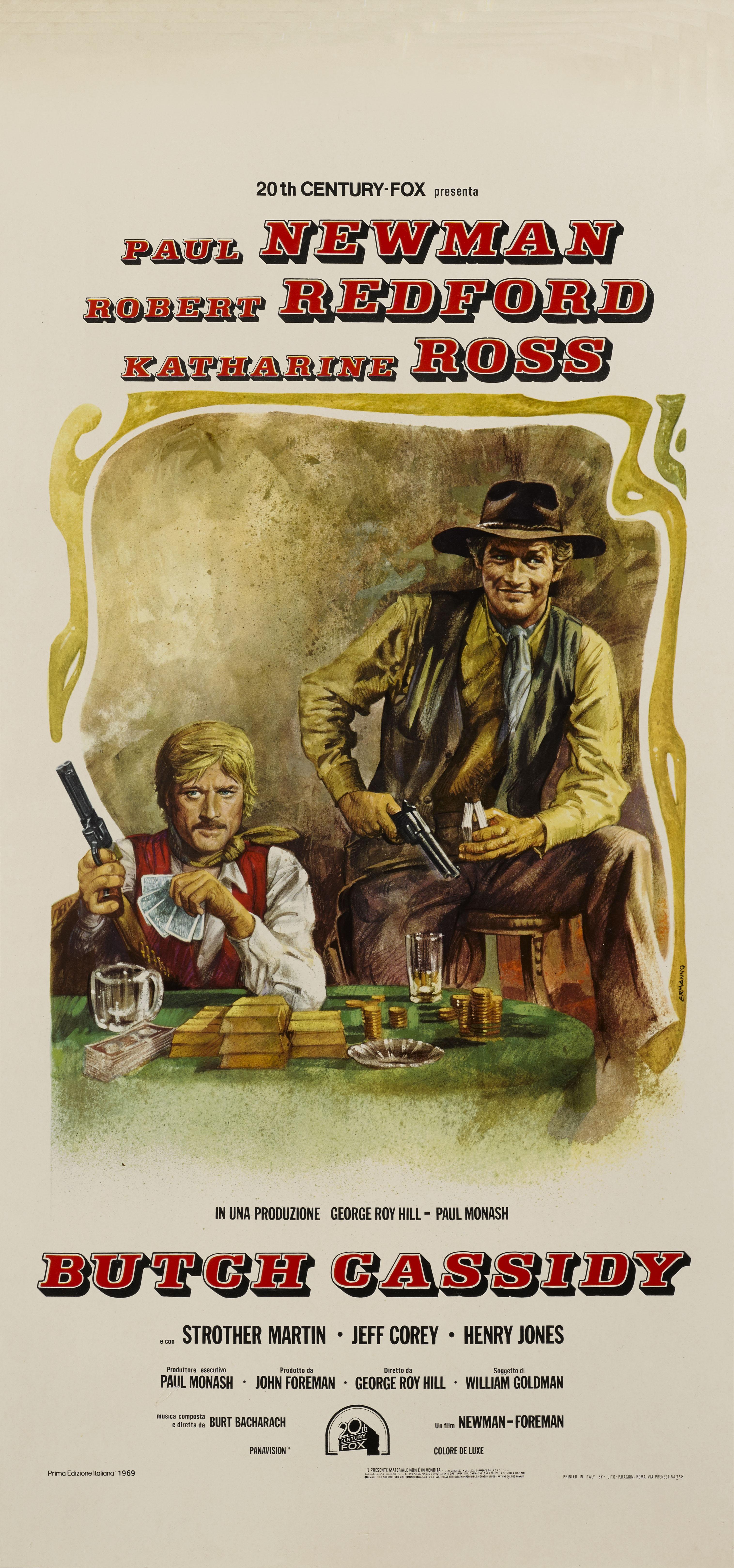 Original Italian film poster for the 1969 Classic western staring Paul Newman, Robert Redford, Katherine Ross. This size poster would have been used outside the cinema in glass display case. This poster was designed by Pietro Ermanno Iaia (b.1933)
