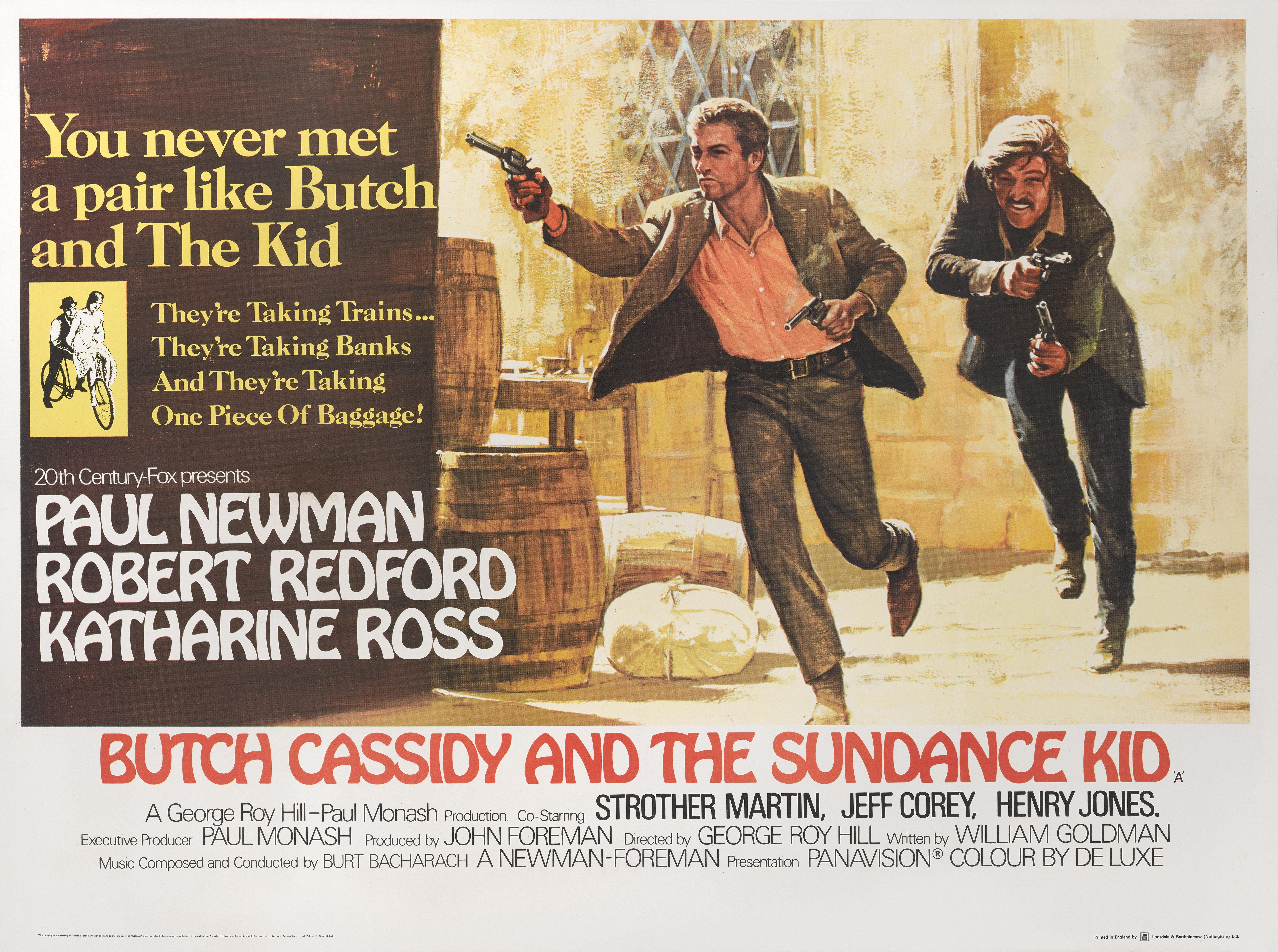 Originales britisches Filmplakat für den Westernklassiker von 1969 mit Paul Newman, Robert Redford und Katherine Ross in den Hauptrollen. Die Regie bei diesem Film führte George Roy Hill.  Diese Größe des Plakats wurde zur Zeit der Veröffentlichung