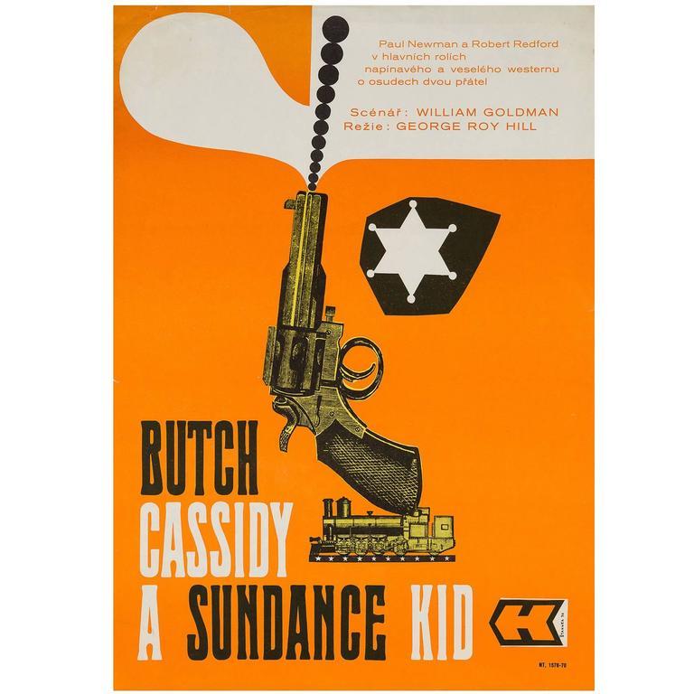 Another wonderfully alternative Czech film poster with very striking orange, black and white graphics by Stanner for firm Western favourite Butch Cassidy and the Sundance Kid.

From the film's first-year-of-release in the Czech Republic.
  