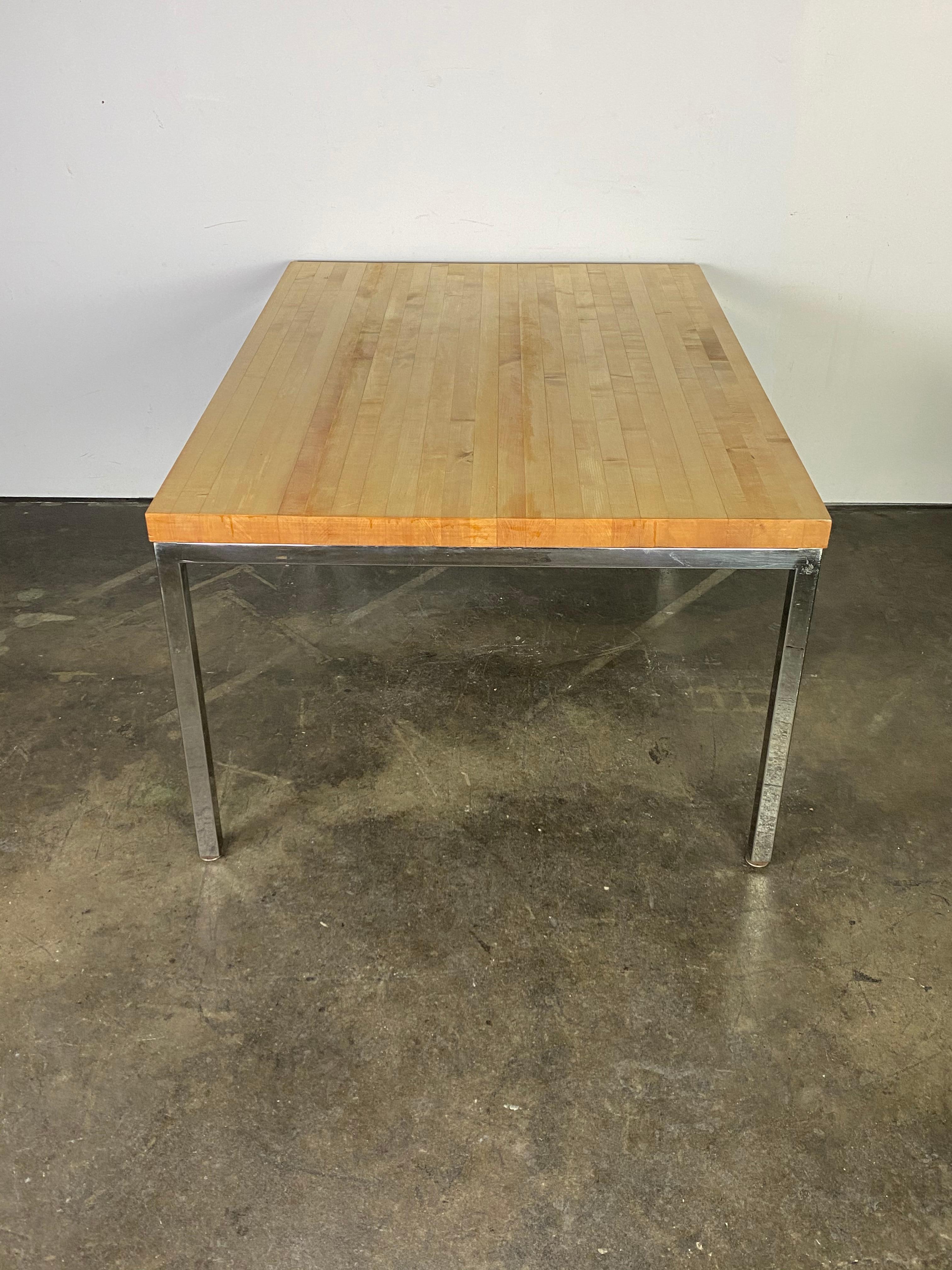 Gorgeous maple butcher block table purchased from Design Research. Parsons style with maple-top upon chrome square tube frame. Wood has recently been sanded and oiled with Tung oil. Chrome in good shape with normal wear. Acquired from a New York