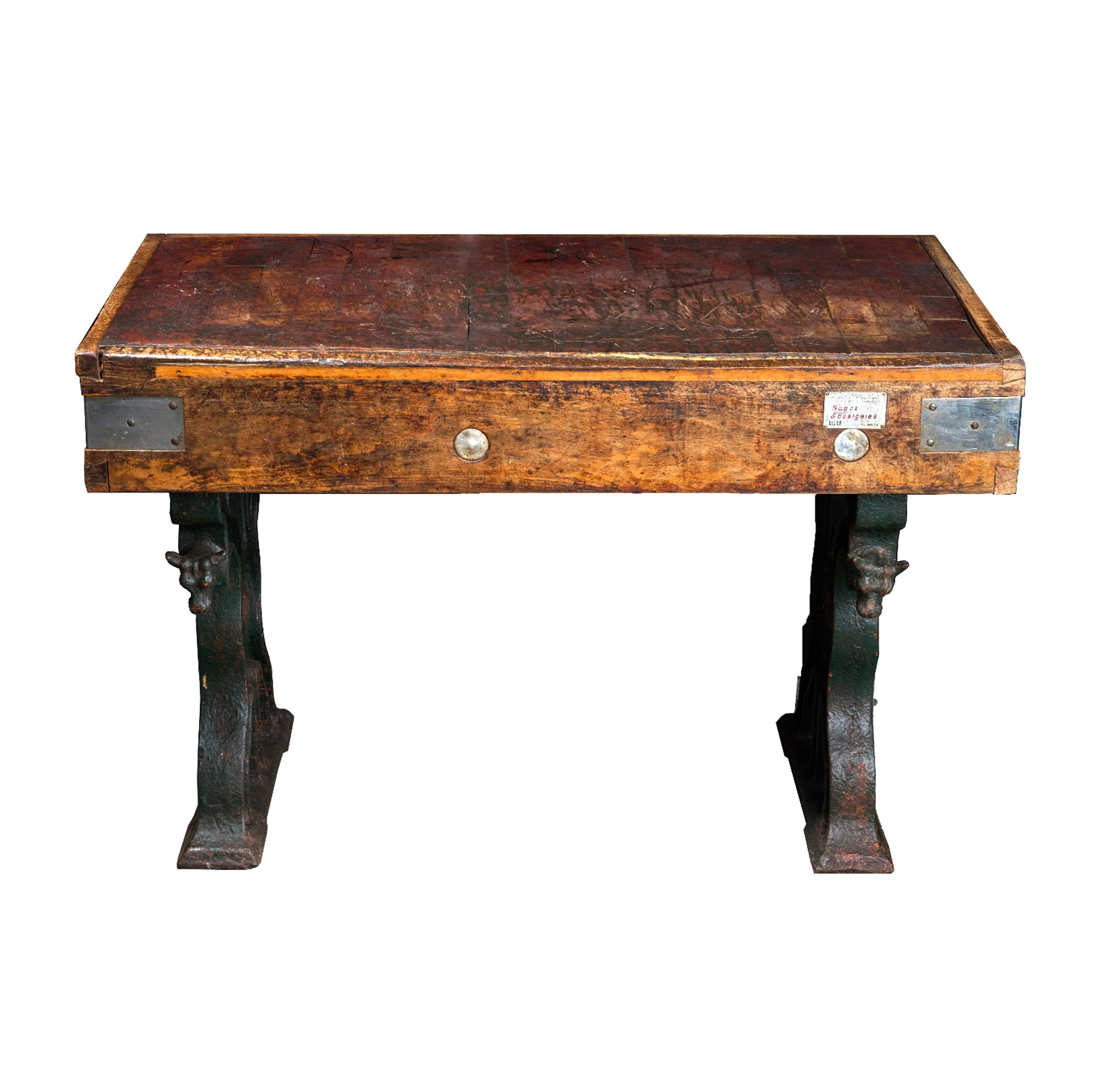 Early 20th Century Butcher Block Table with Cast Iron Cow Head Legs