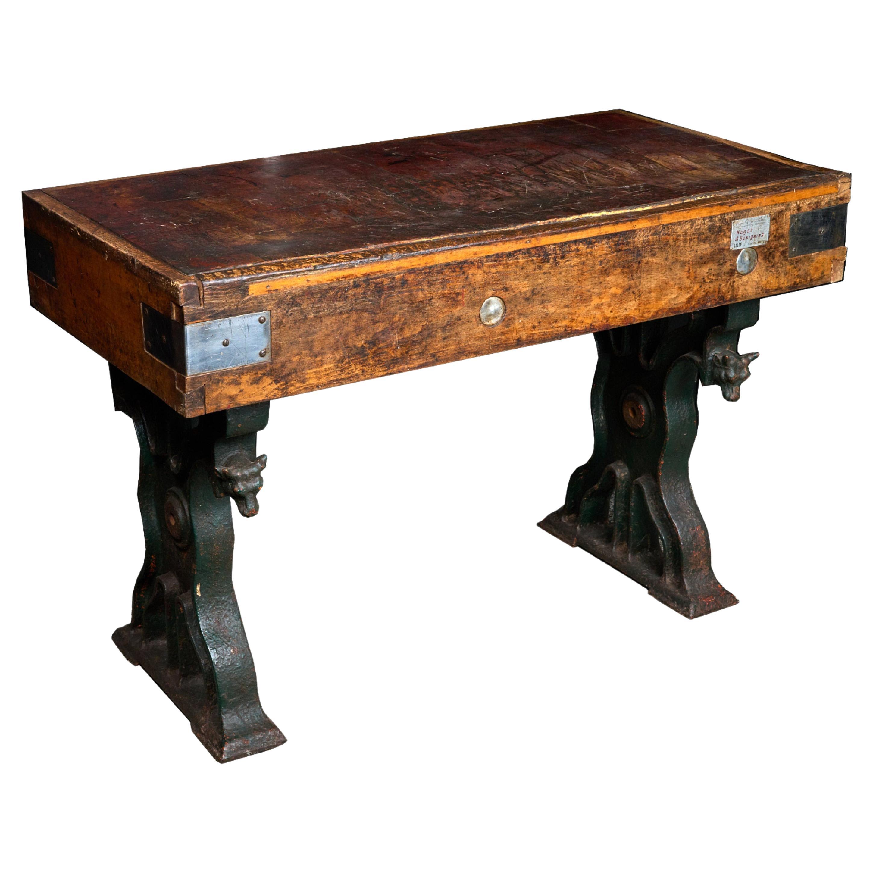 French Butcher Block Table with Cast Iron Cow Head Legs