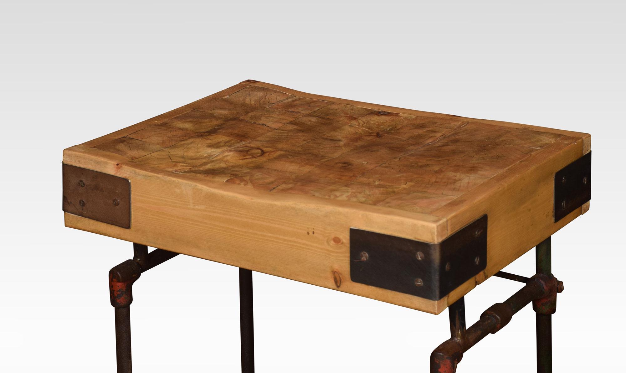 A butcher’s block of rectangular form on wrought iron frame and castors.
Dimensions:
Height 31 inches
Width 29.5 inches
Depth 23 inches.