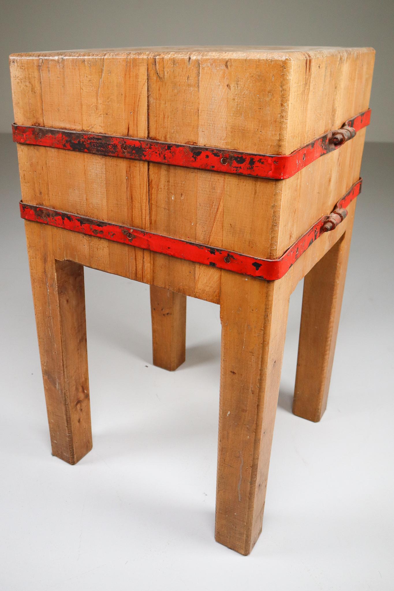 French Butcher's Chopping Block Table on Stand, France, 1930s
