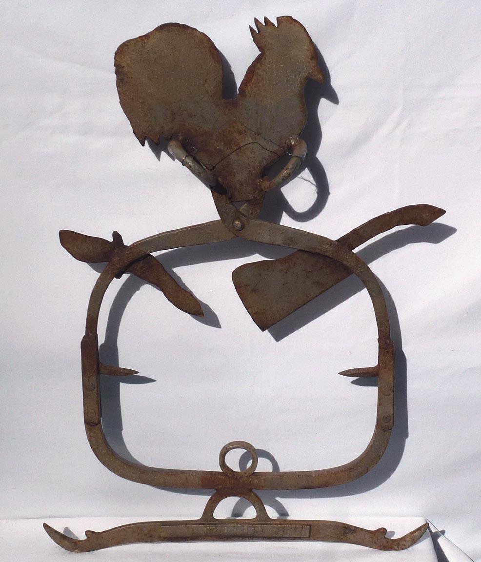 Folk Art Butcher's Trade Sign: Metal Tools, Found Objects, Ice Tongs, with Rooster on Top For Sale