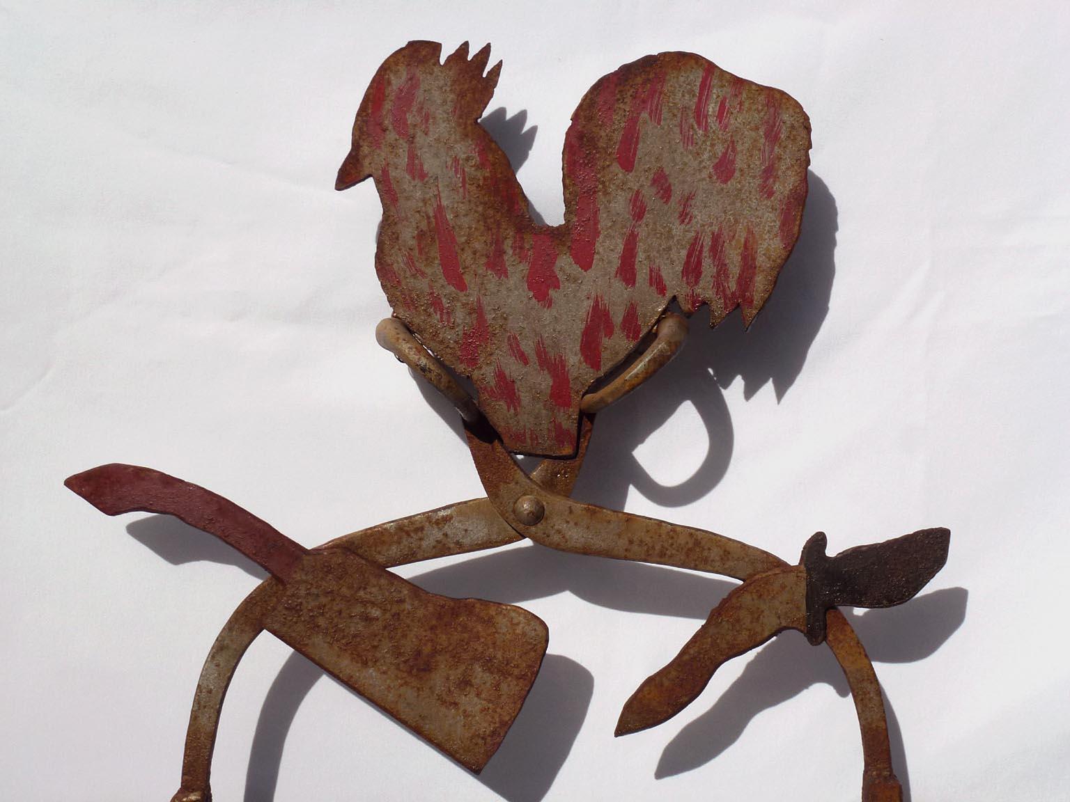 American Butcher's Trade Sign: Metal Tools, Found Objects, Ice Tongs, with Rooster on Top For Sale