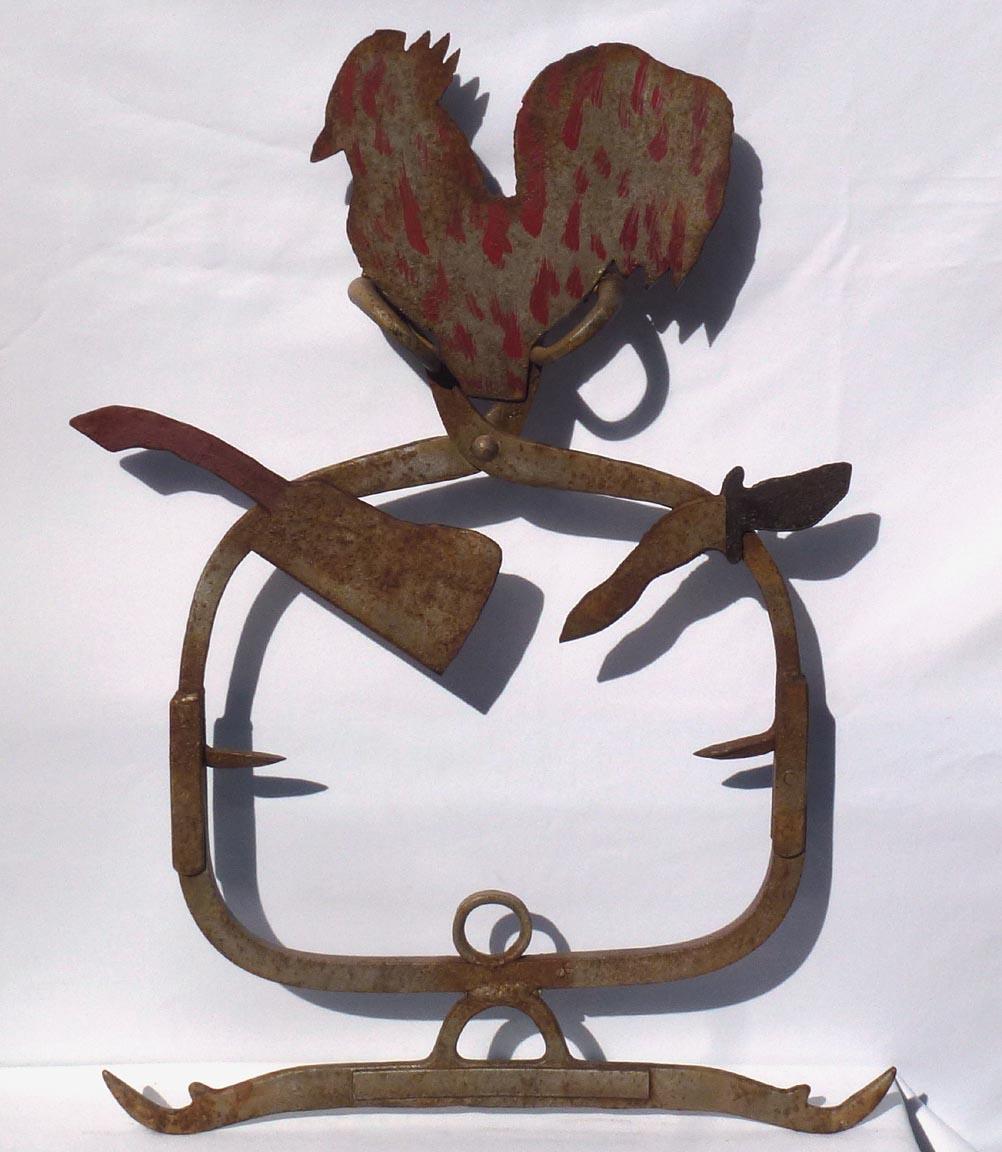 Welded Butcher's Trade Sign: Metal Tools, Found Objects, Ice Tongs, with Rooster on Top For Sale