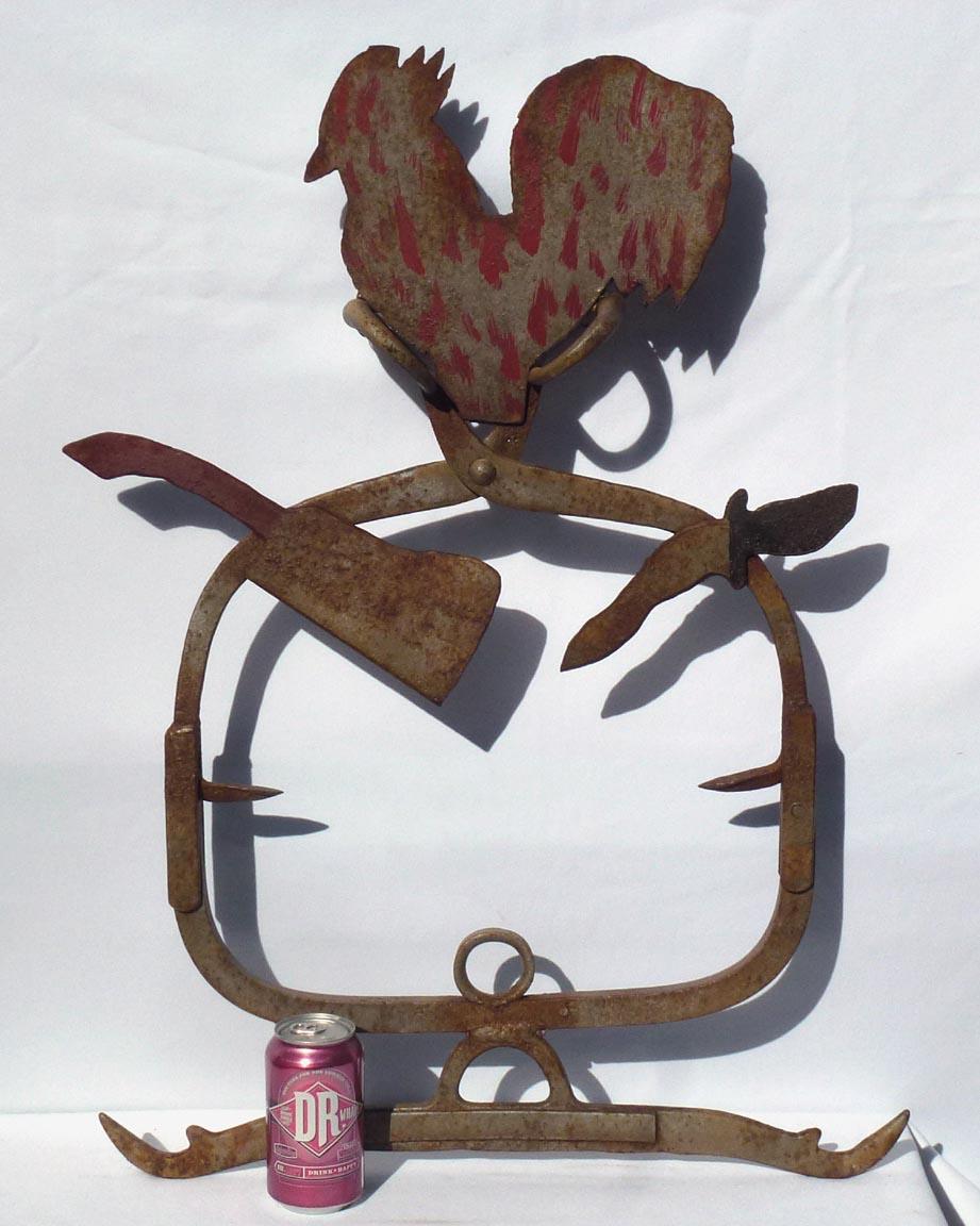 Butcher's Trade Sign: Metal Tools, Found Objects, Ice Tongs, with Rooster on Top In Good Condition For Sale In Fort Payne, AL