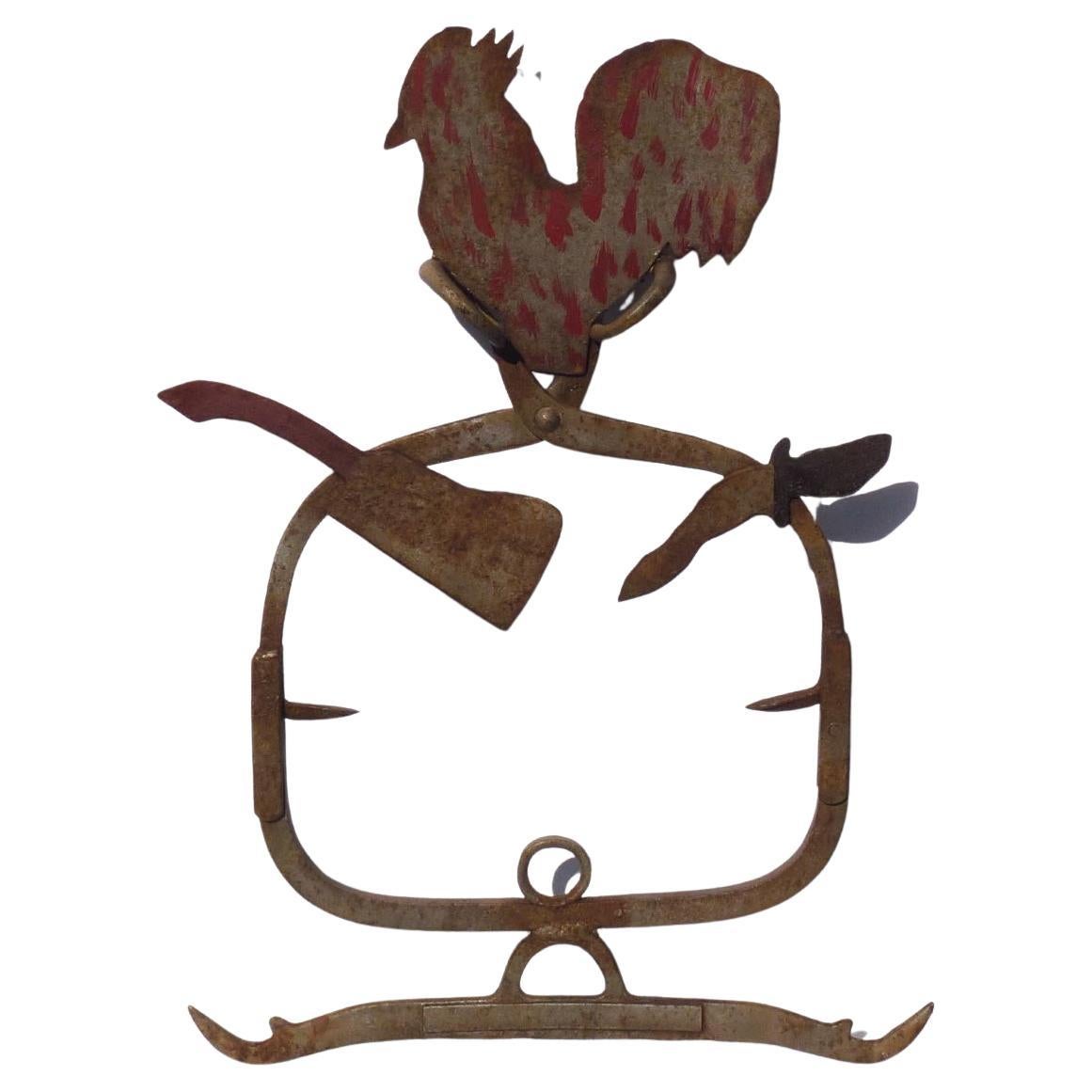 Butcher's Trade Sign: Metal Tools, Found Objects, Ice Tongs, with Rooster on Top