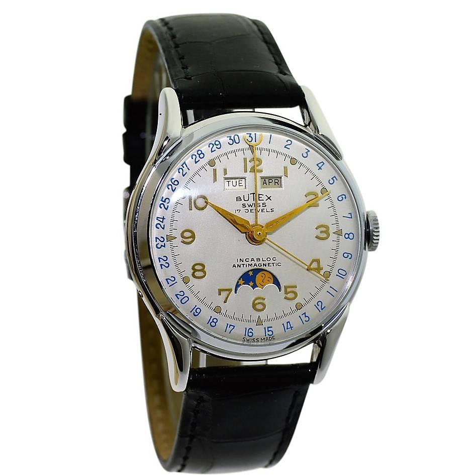 Butex Chromium Calendar Moon Phase Original Dial Manual Wristwatch, circa 1950s