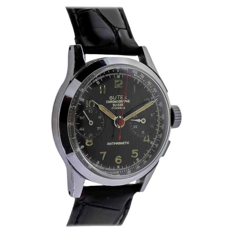 Butex Montre-bracelet chronographe manuelle à chronographe en acier inoxydable, années 1940 en vente