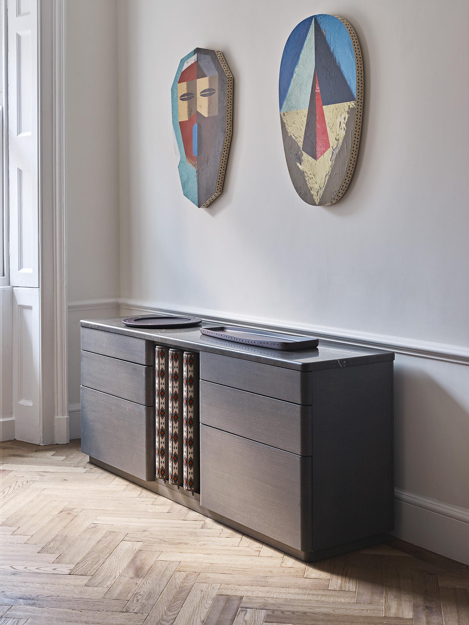 Hand-Crafted Contemporary credenza of oak, leather and marble from the SoShiro Pok collection For Sale