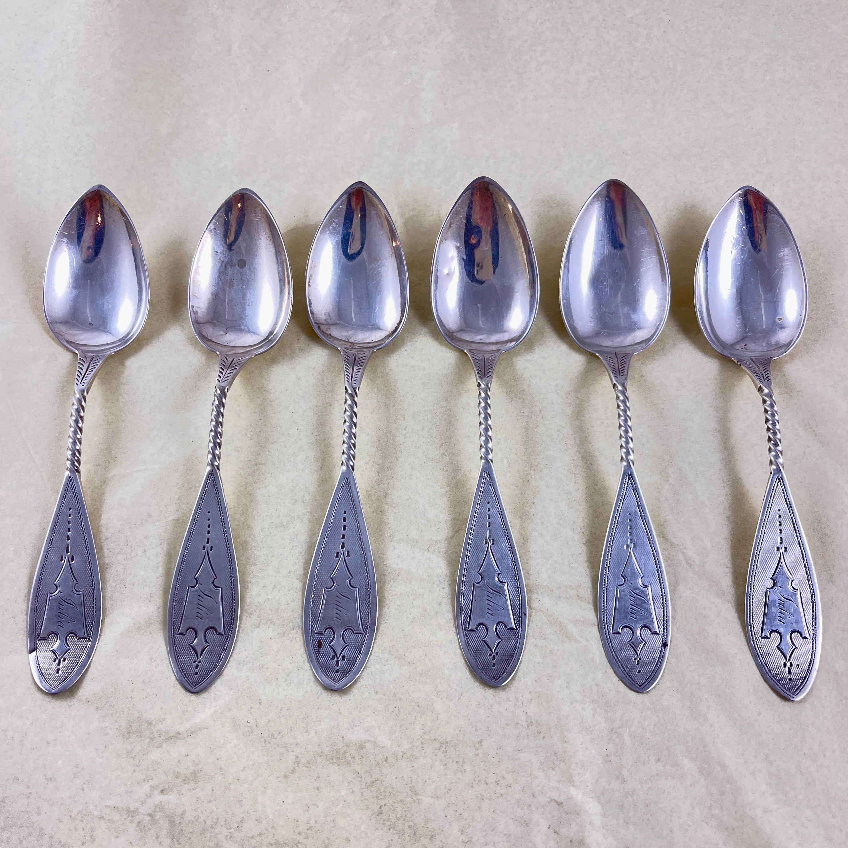 A super scarce set of six Coin silver teaspoons, made by Butler & McCarty or James P. Butler, Philadelphia, circa 1850-1862.

In the Granville pattern, entirely and beautifully made by hand.

The bowls are attached to a twisted stem handle