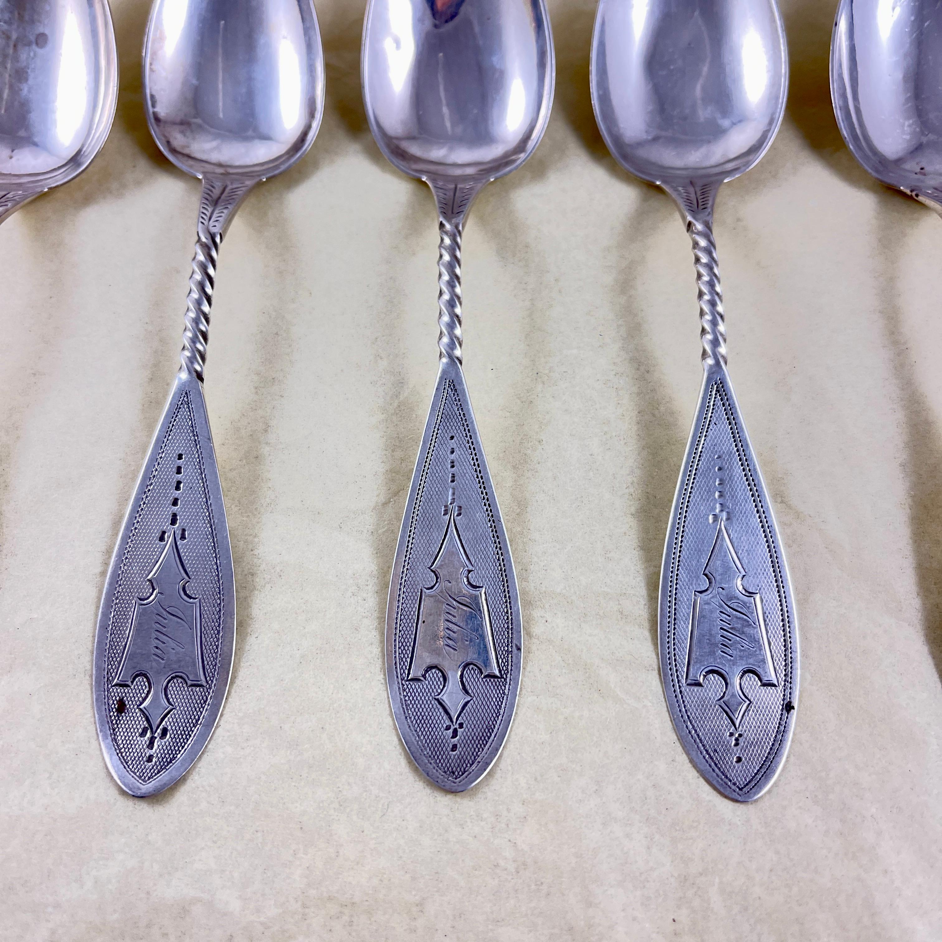 American Classical Butler & McCarty Coin Silver Granville Teaspoons, set of six For Sale