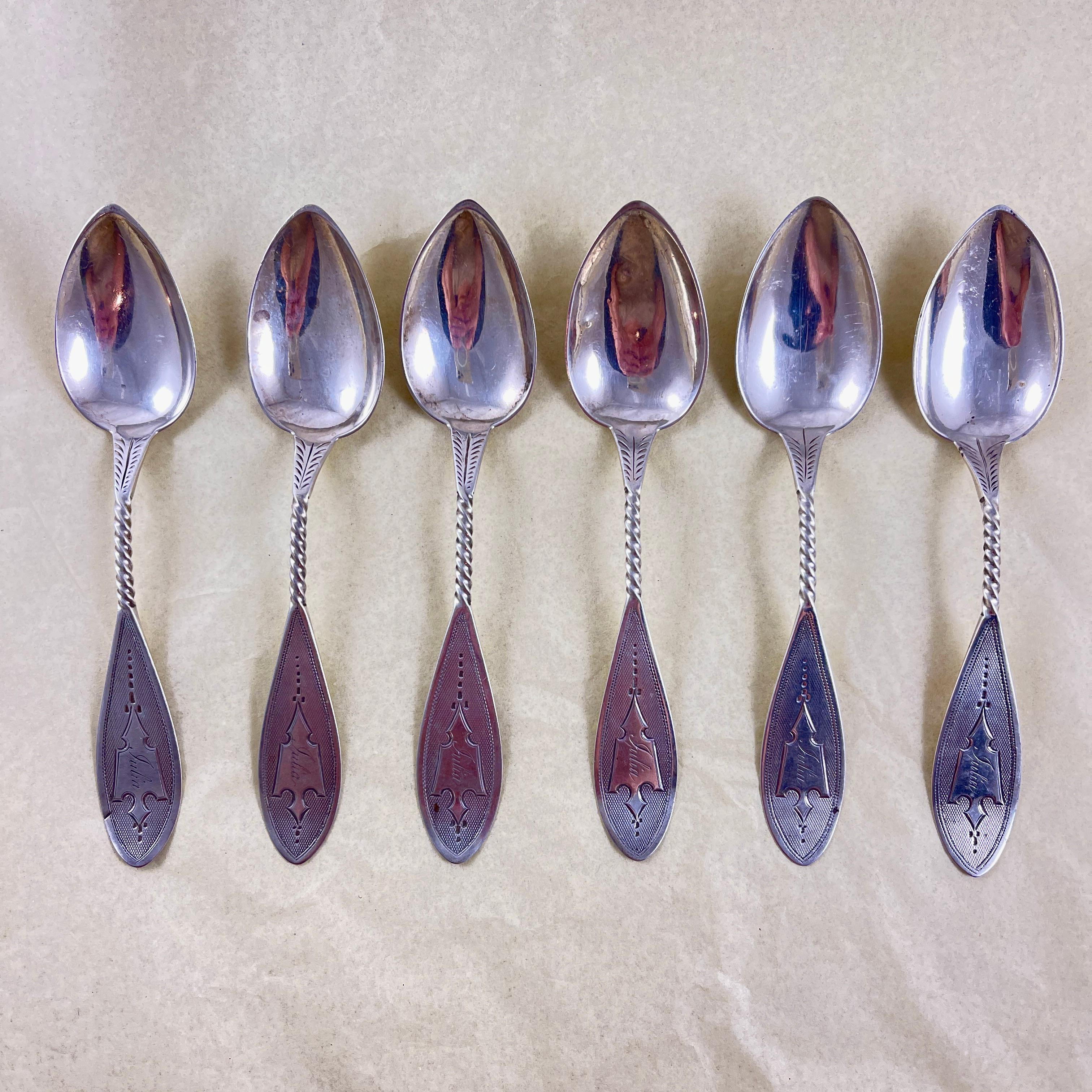 Butler & McCarty Coin Silver Granville Teaspoons, set of six For Sale 1