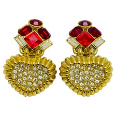 BUTLER WILSON B&W signé or strass cœur dangle designer clip on earrings