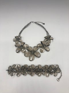 Butler & Wilson Clear Taupe Crystal Faceted Flower Necklace and Bracelet Set