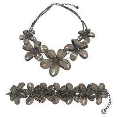 Butler & Wilson Clear Taupe Crystal Faceted Flower Necklace and Bracelet Set