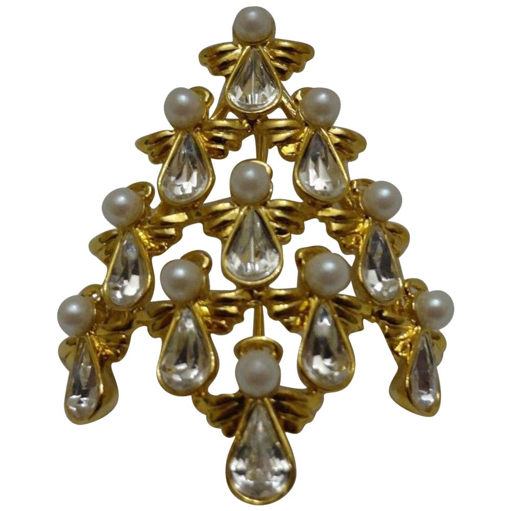 Butler Wilson Designer BW Faux Diamond Pearl Angel Christmas Tree Brooch Pin