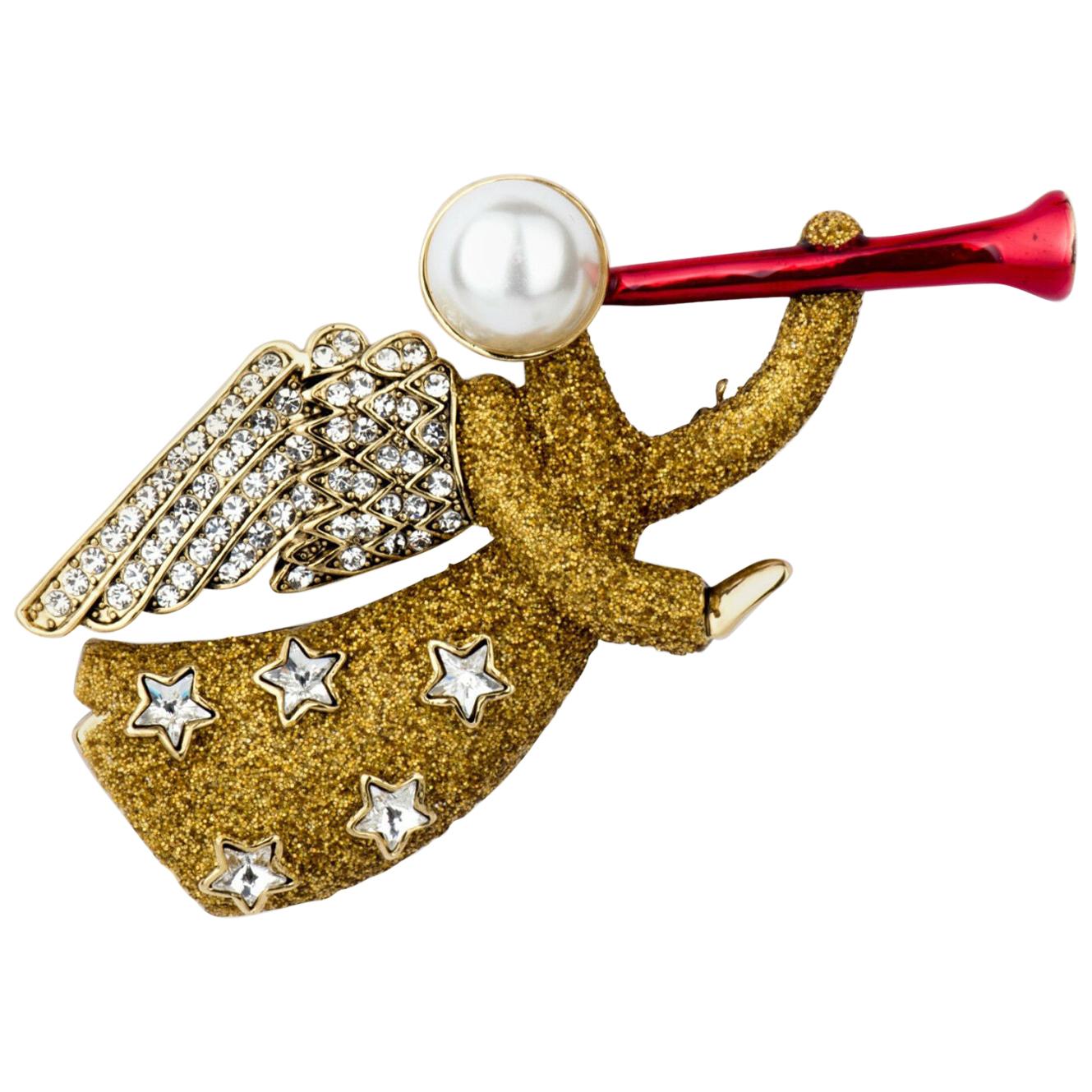 Butler Wilson Designer Signed BW Gold Glitter Crystal Angel with Horn Brooch Pin