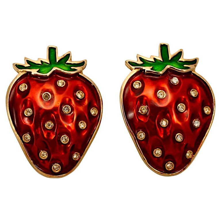 Butler and Wilson Enamel and Rhinestone Strawberry Clip on Earrings For