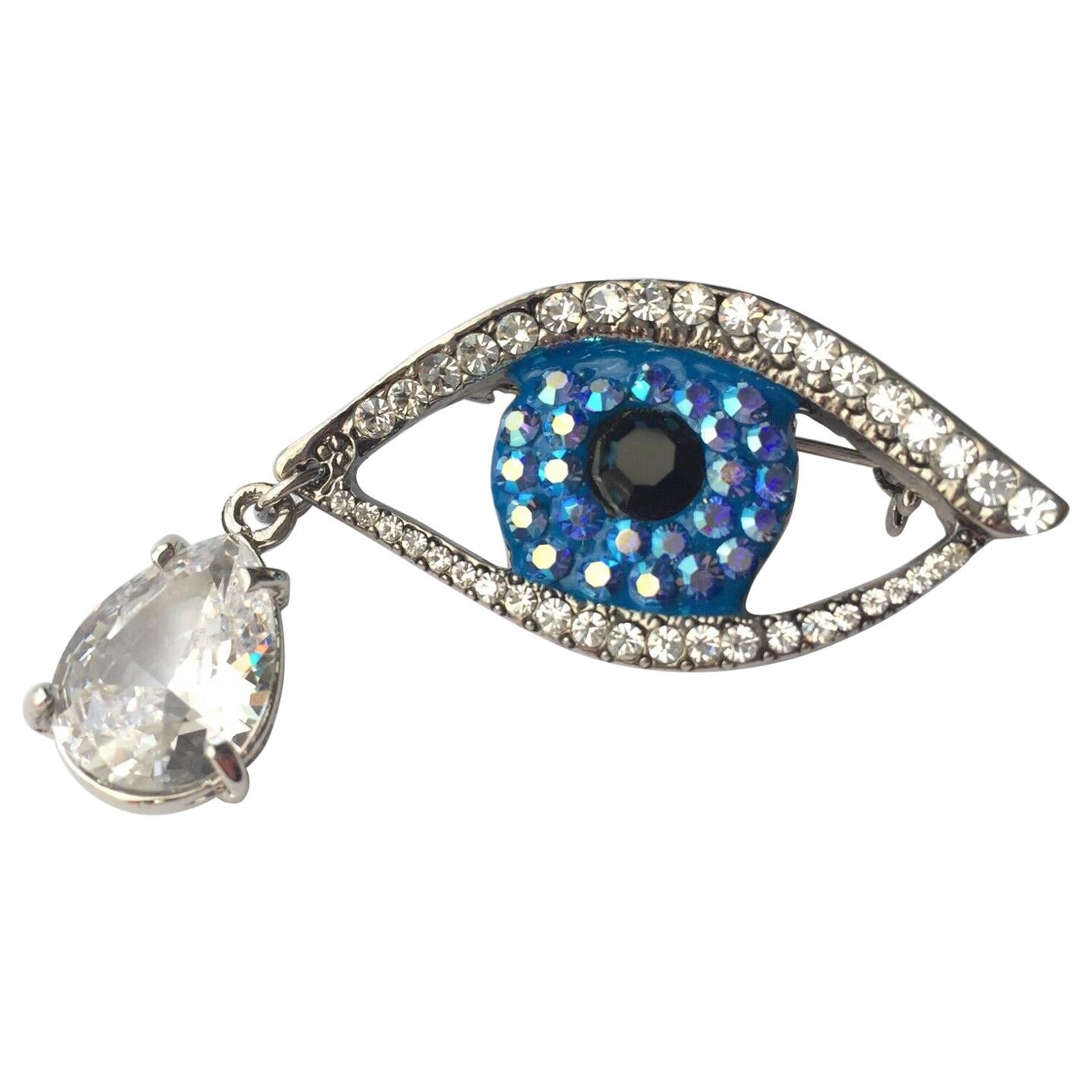 Butler & Wilson Evil Eye Tear Drop Diamante Blue Crystals Designer BW Brooch Pin