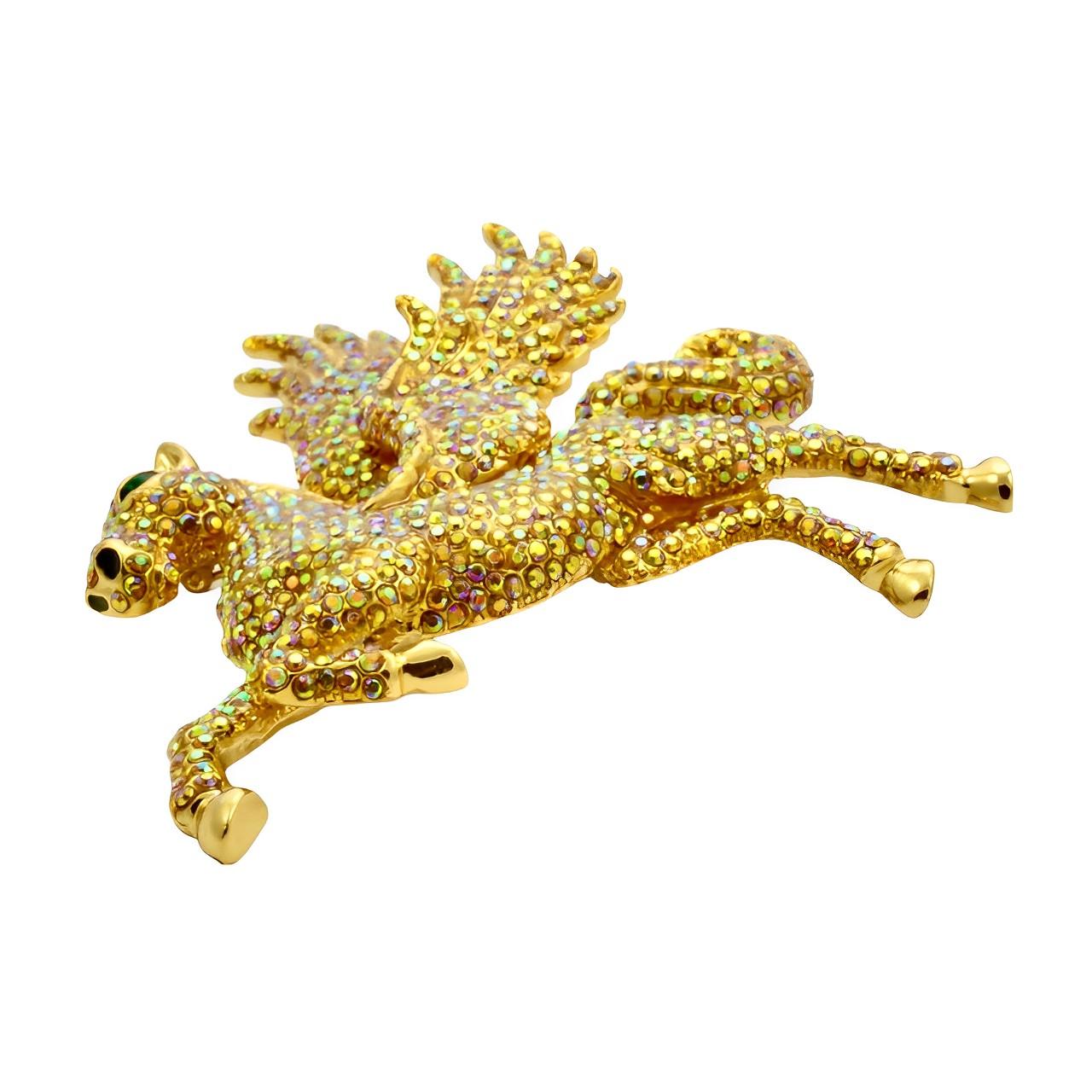 Women's or Men's Butler & Wilson Gold Plated and Gold Aurora Borealis Crystal Pegasus Brooch For Sale