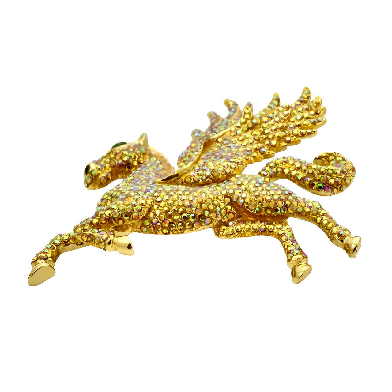Butler & Wilson Gold Plated and Gold Aurora Borealis Crystal Pegasus Brooch For Sale 2