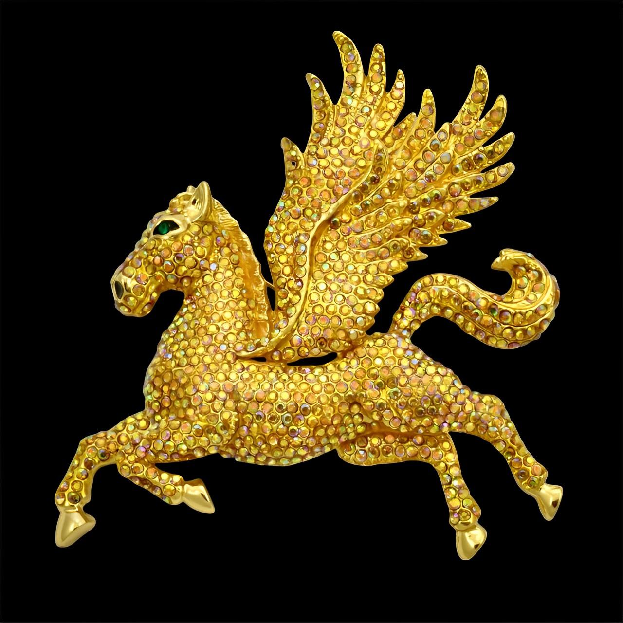 Butler & Wilson Gold Plated and Gold Aurora Borealis Crystal Pegasus Brooch For Sale 4