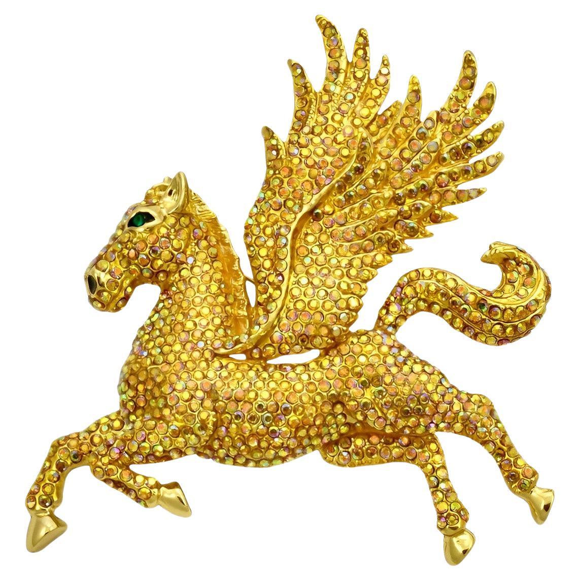 Butler & Wilson Gold Plated and Gold Aurora Borealis Crystal Pegasus Brooch For Sale