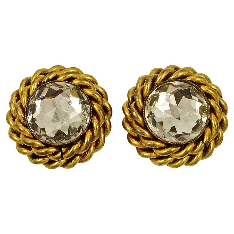 Butler and Wilson Gold Plated Rope Twist Clear Glass Clip On Earrings