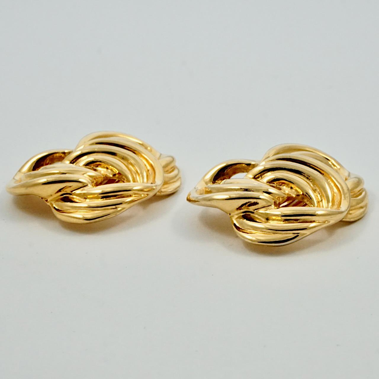 Butler & Wilson Gold Plated Triple Twist Ridged Clip On Earrings circa 1980s For Sale 1