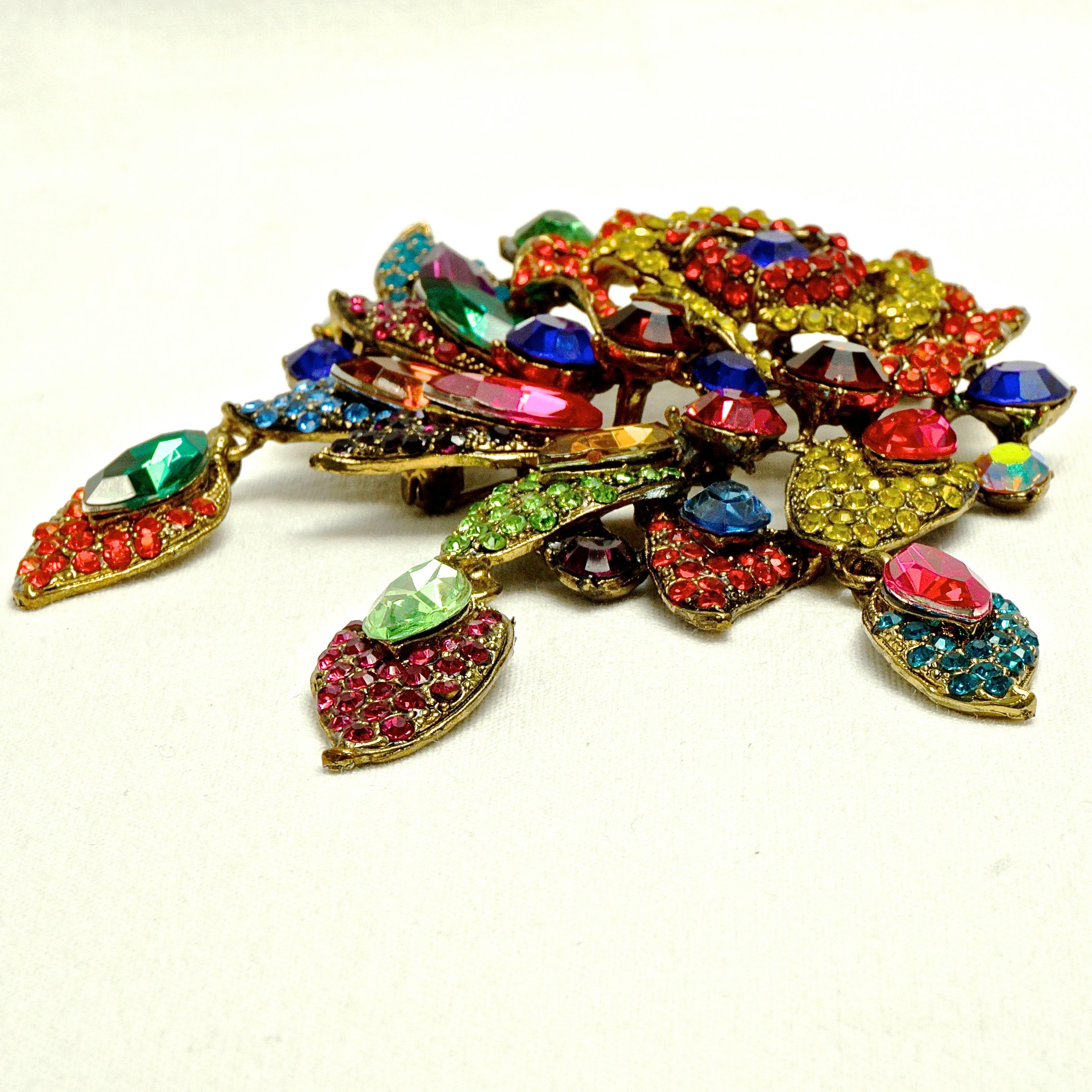 Round Cut Butler & Wilson Gold Tone Flower and Leaves Brooch with Multi Coloured Crystals
