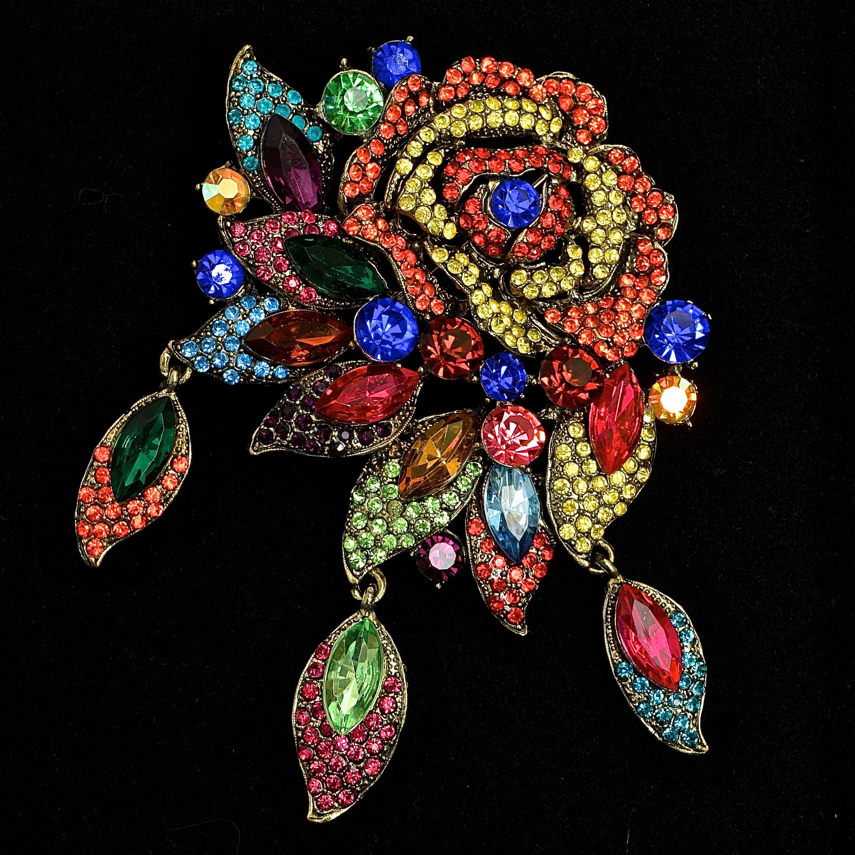 Butler & Wilson Gold Tone Flower and Leaves Brooch with Multi Coloured Crystals 3