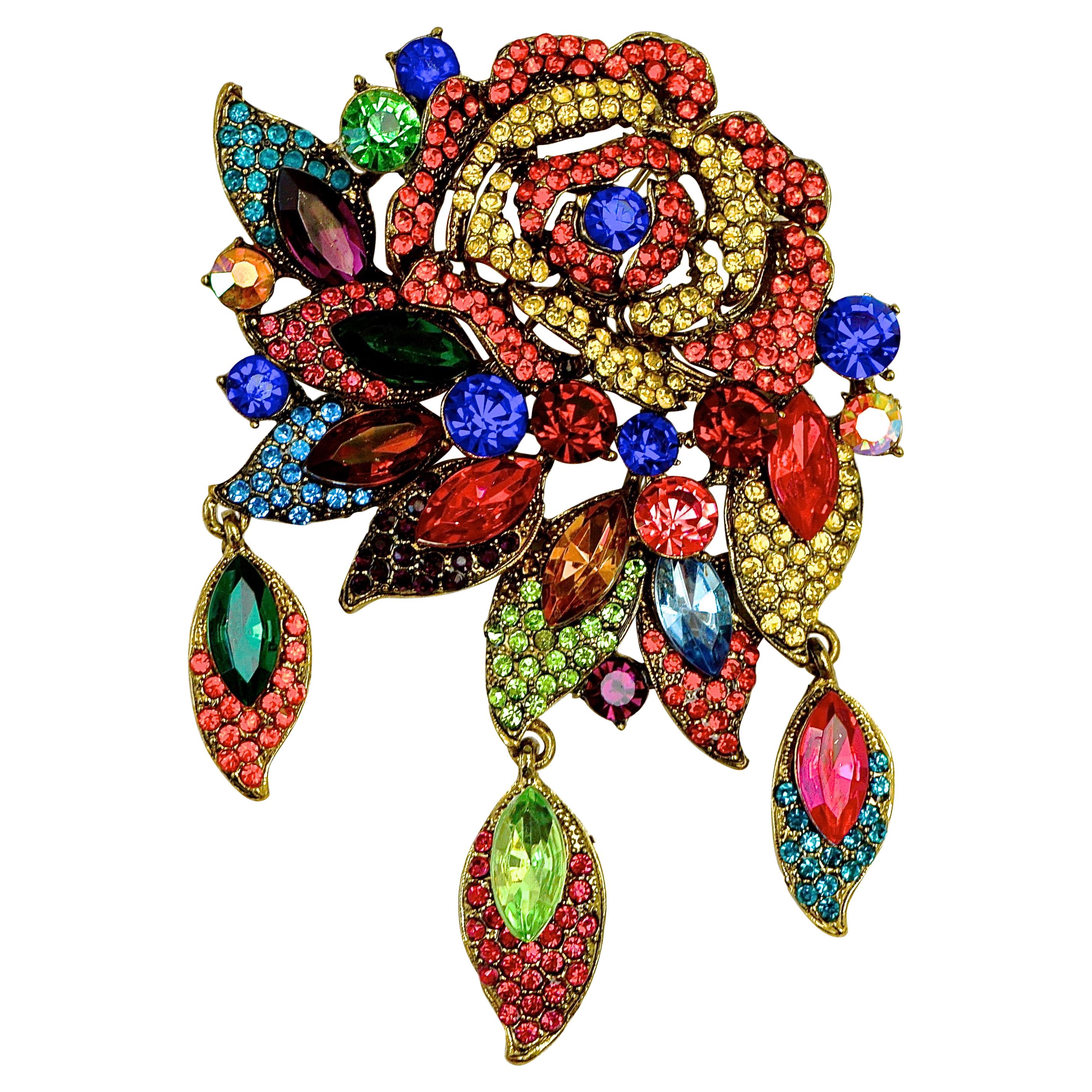 Butler & Wilson Gold Tone Flower and Leaves Brooch with Multi Coloured Crystals