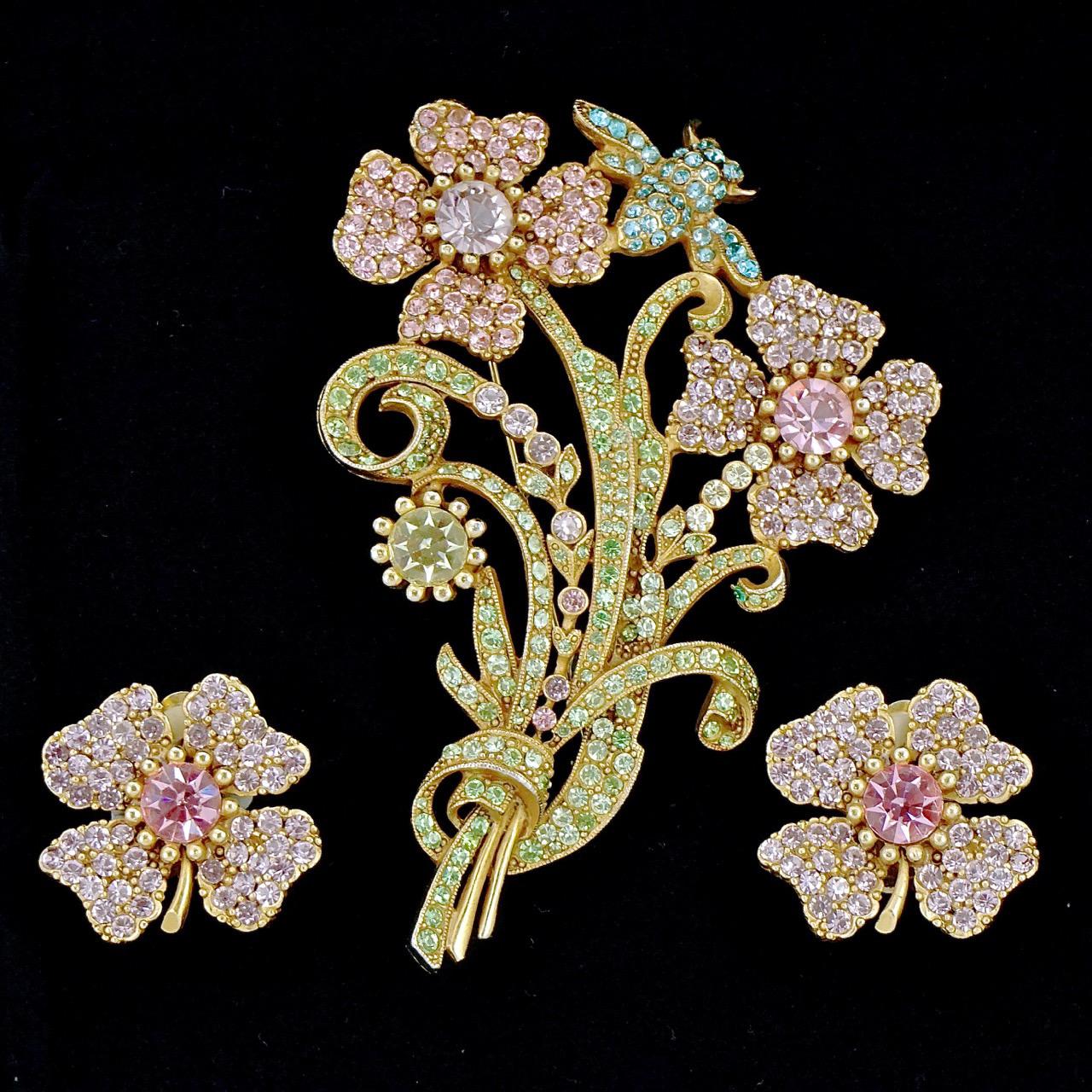 Butler & Wilson Gold Tone Flower Brooch and Earrings with Crystals 2