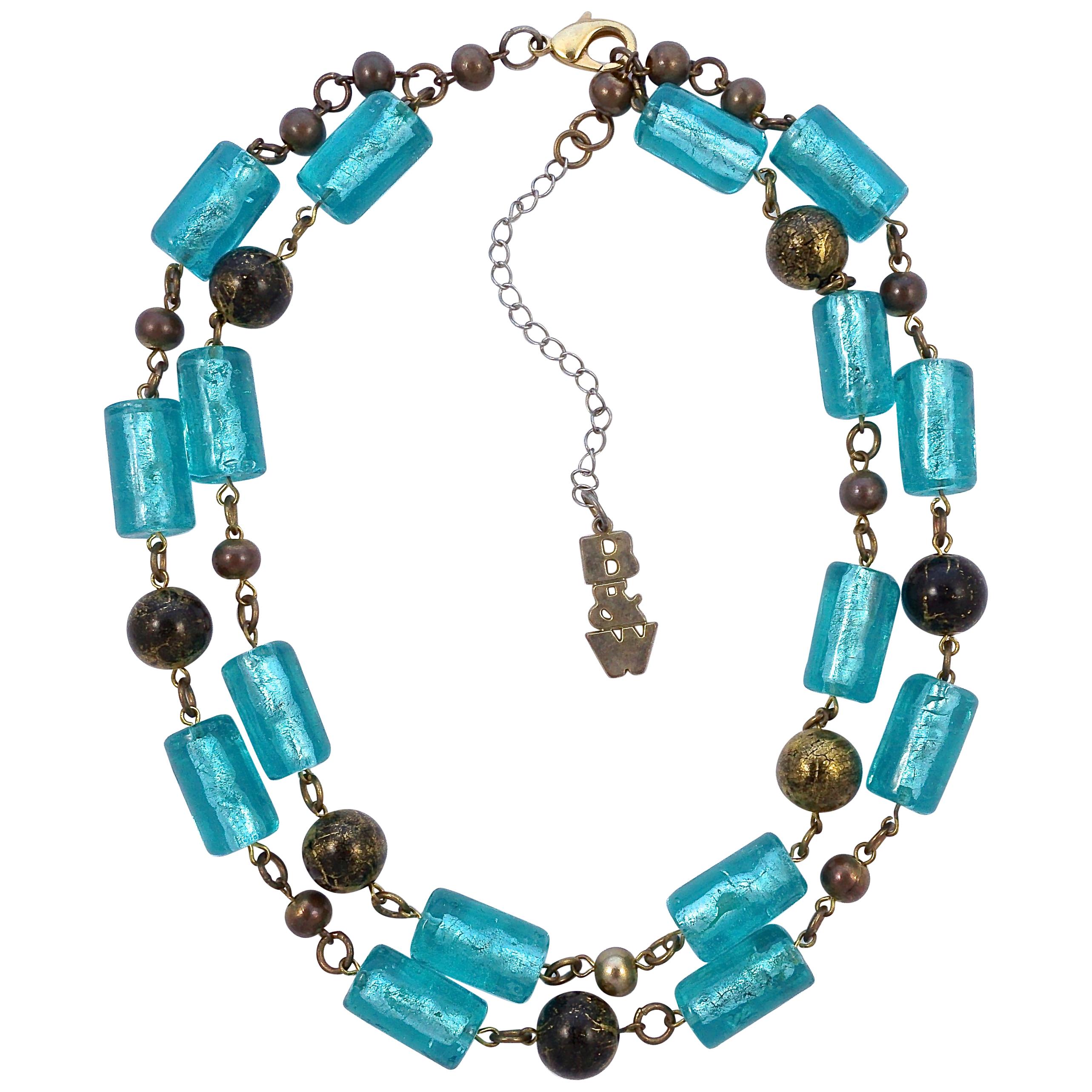 Butler 
Wilson Gold Tone Necklace with Aqua Blue and Black / Gold Glass Beads