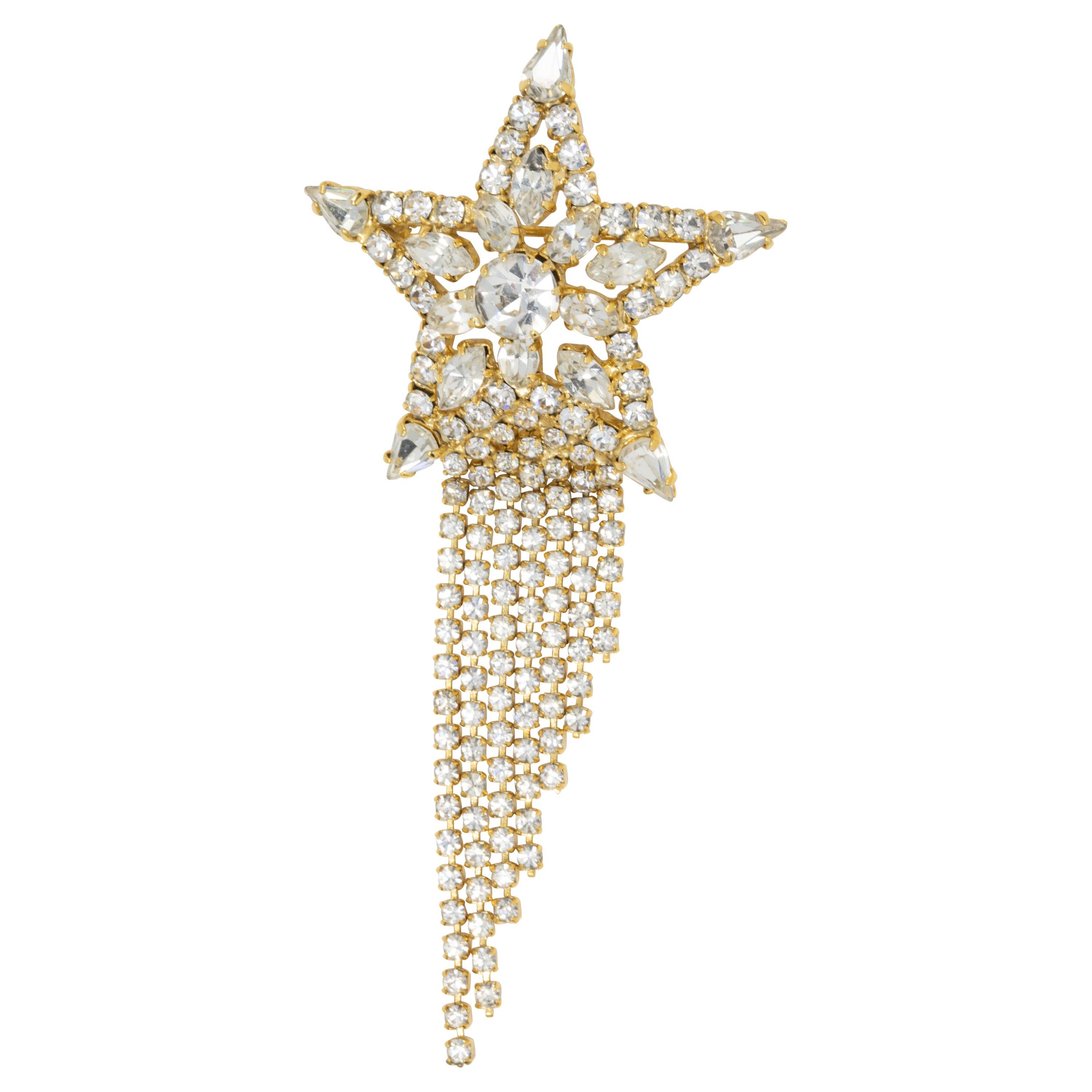 Butler & Wilson Golden Crystal Encrusted Shooting Star Tassel Pin Brooch, B&W