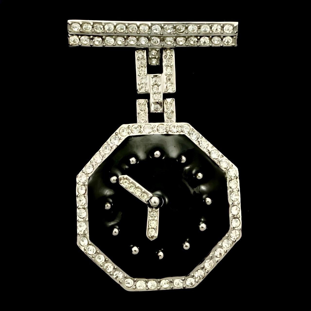 Butler & Wilson Large Black Enamel Clock Brooch with Clear Crystals circa 1980s In Good Condition For Sale In London, GB