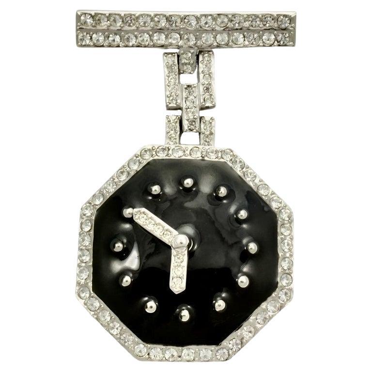 Butler & Wilson Large Black Enamel Clock Brooch with Clear Crystals circa 1980s For Sale