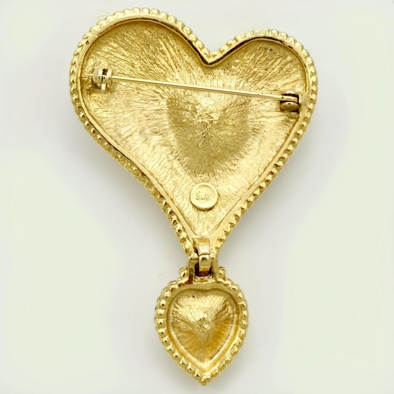 Large vintage Butler & Wilson gold plated double heart textured brooch, embellished with clear crystals. Circa 1980s. Measuring length 7.2 cm / 2.8 inches by maximum width 4.75 cm / 1.87 inches. The brooch is in very good condition. It will arrive