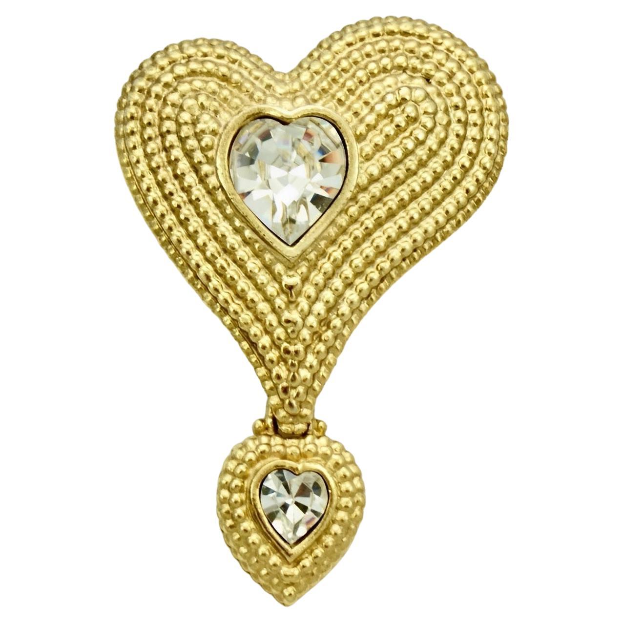 Butler & Wilson Large Double Heart Brooch with Clear Crystals circa 1980s For Sale