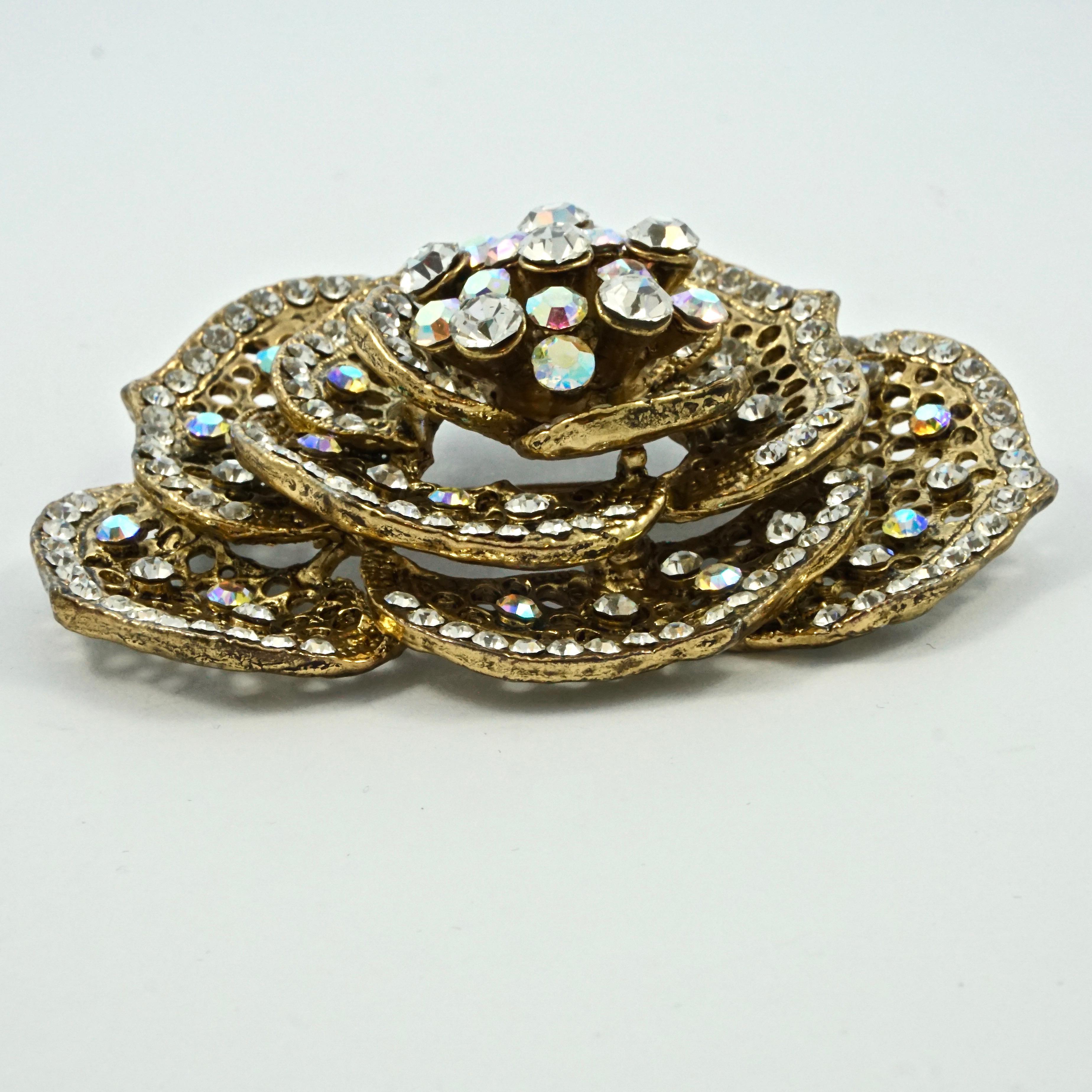 Round Cut Butler & Wilson Large Flower Brooch with Clear and Aurora Borealis Crystals For Sale