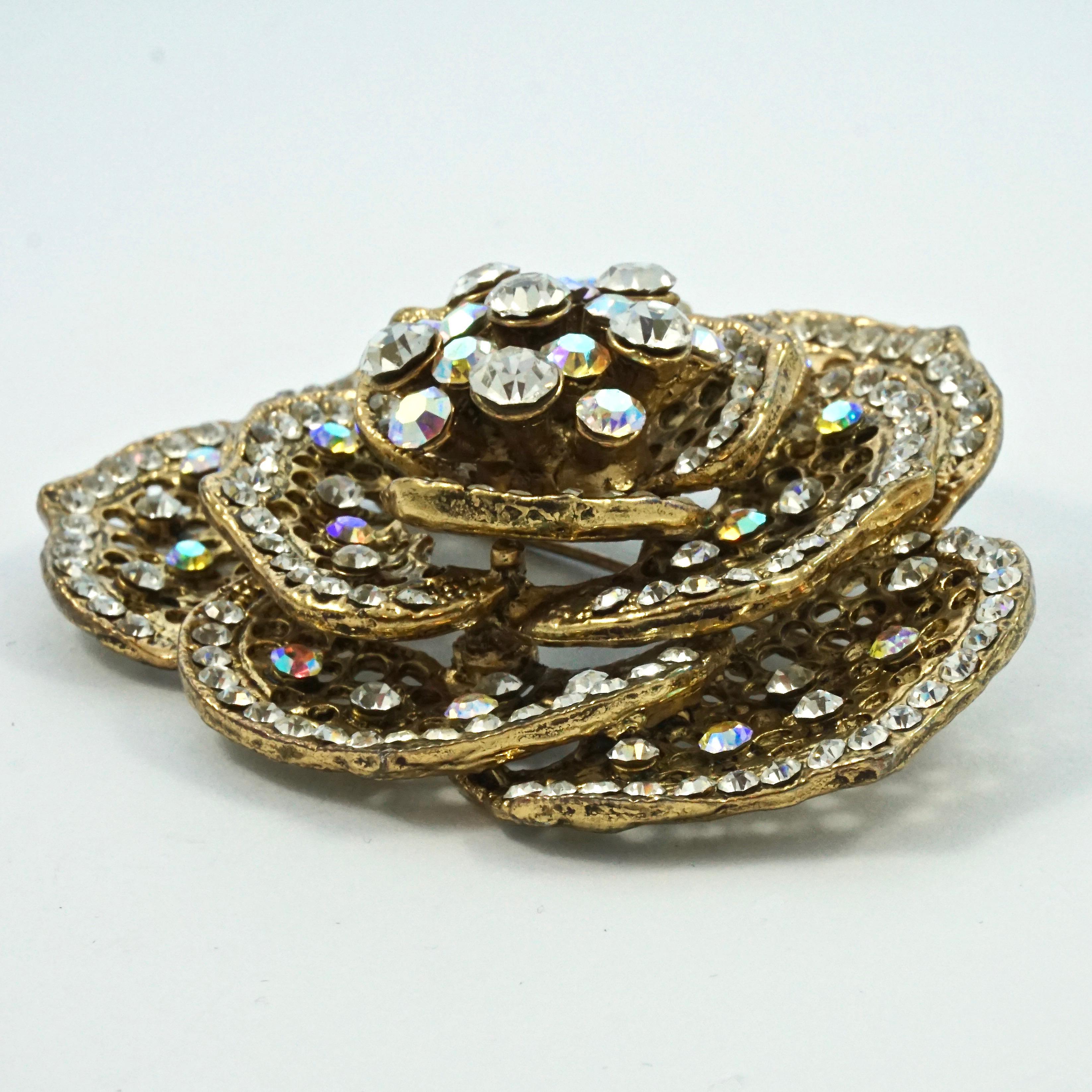 Butler & Wilson Large Flower Brooch with Clear and Aurora Borealis Crystals In Good Condition For Sale In London, GB