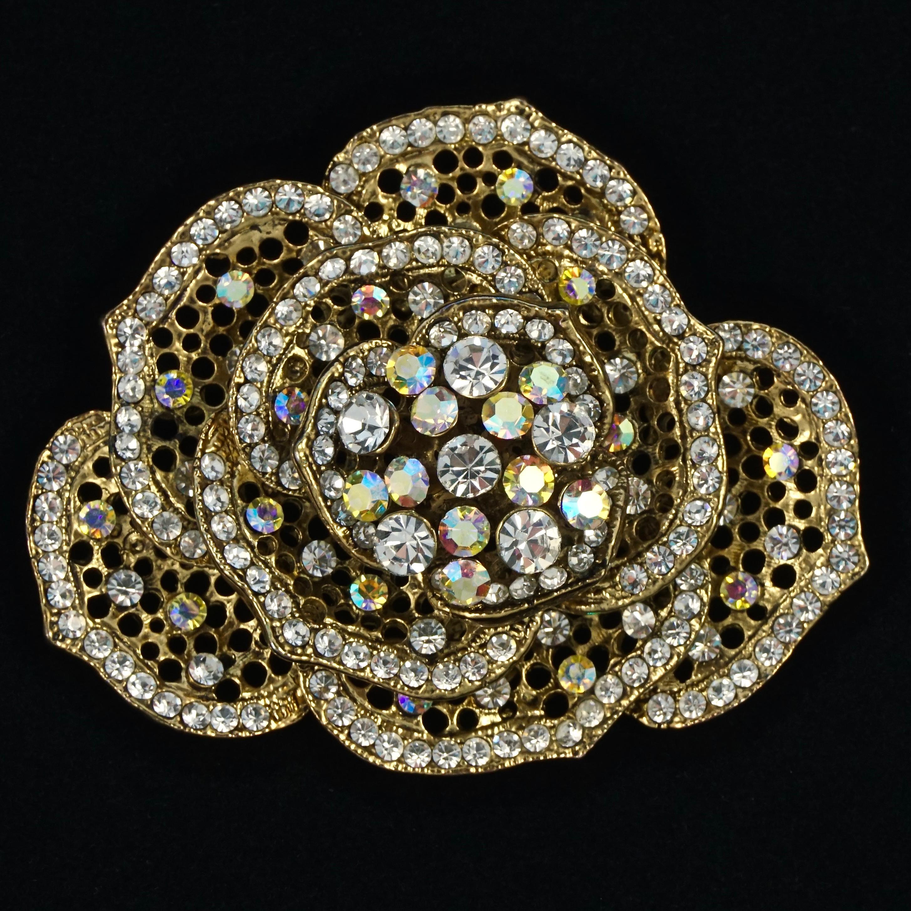 Women's or Men's Butler & Wilson Large Flower Brooch with Clear and Aurora Borealis Crystals For Sale