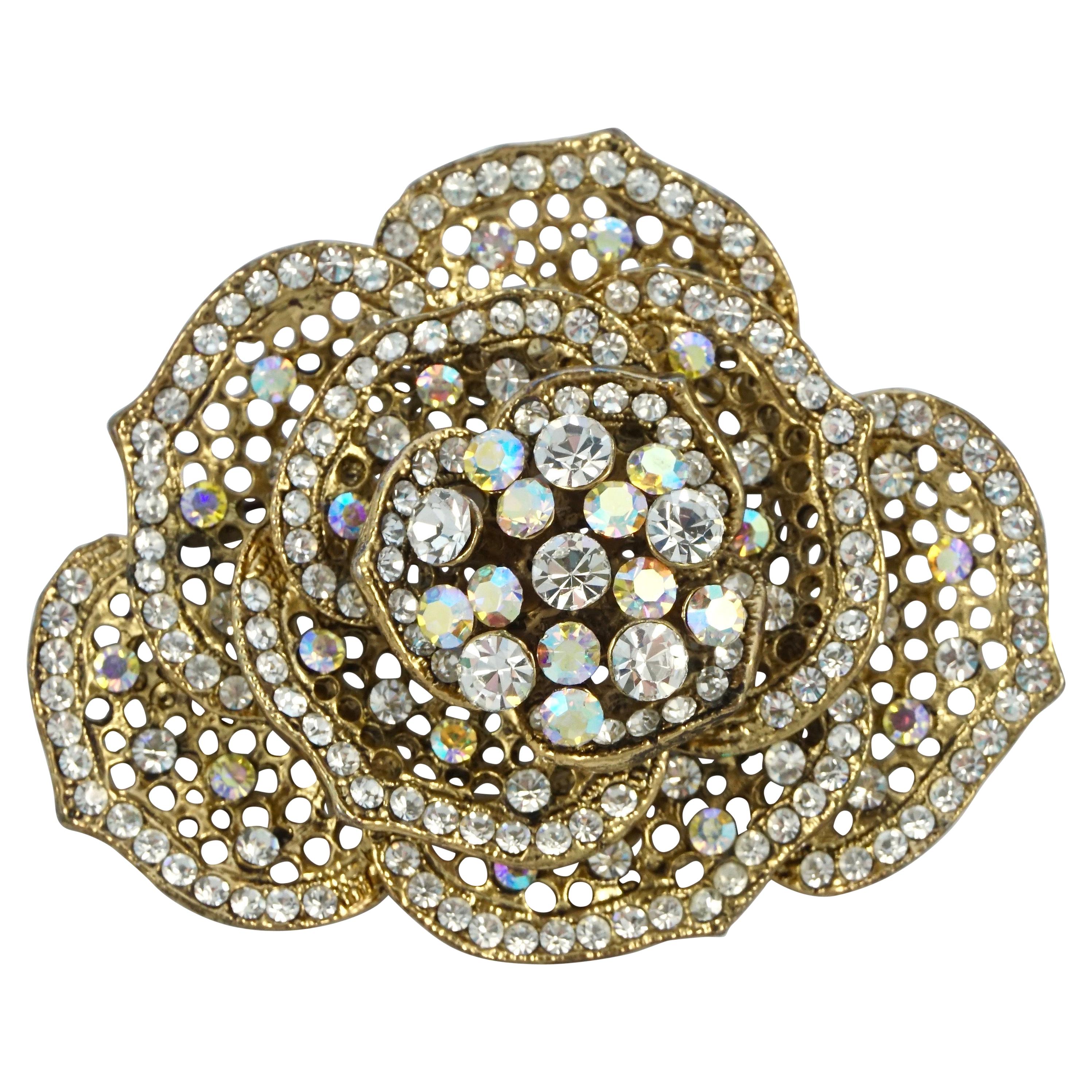 Butler & Wilson Large Flower Brooch with Clear and Aurora Borealis Crystals For Sale