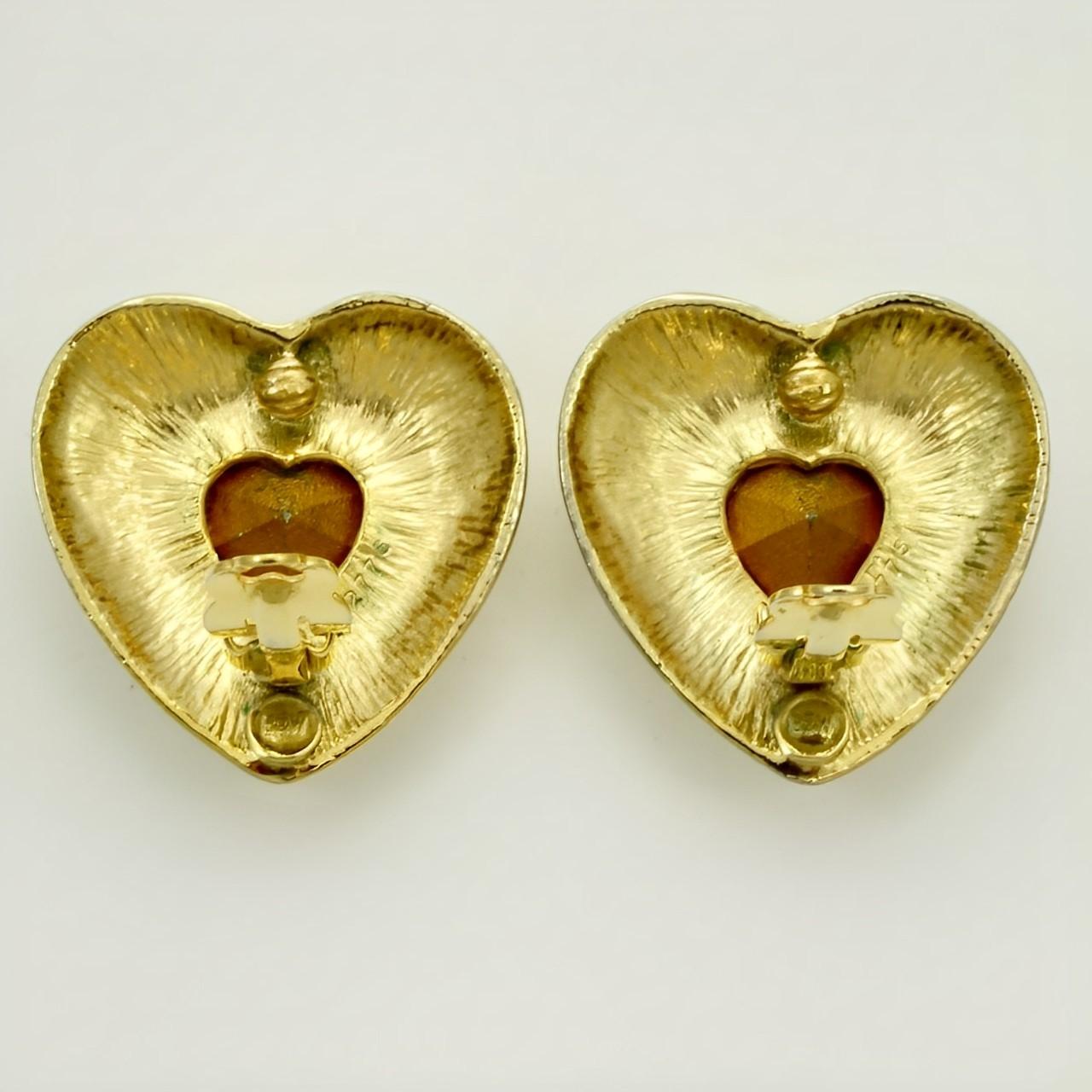 Butler & Wilson Large Gold Plated Heart Earrings with Clear Crystals circa 1980s In Good Condition For Sale In London, GB