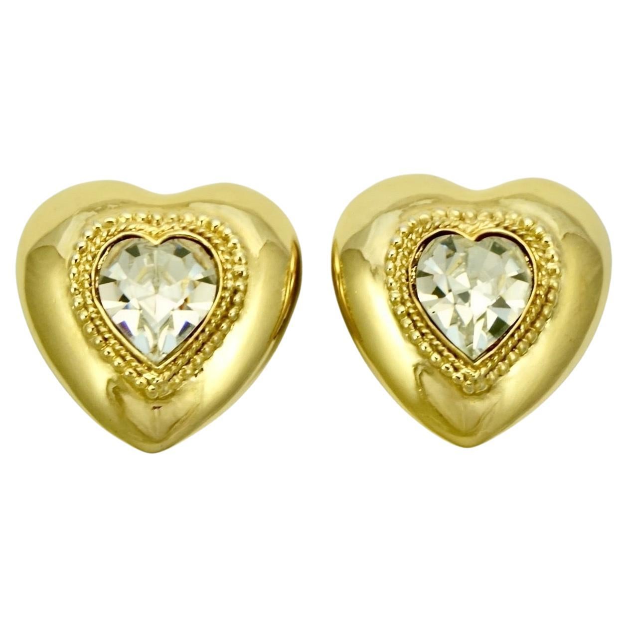 Butler & Wilson Large Gold Plated Heart Earrings with Clear Crystals circa 1980s For Sale