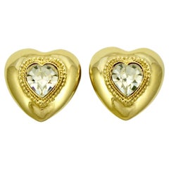 Retro Butler & Wilson Large Gold Plated Heart Earrings with Clear Crystals circa 1980s
